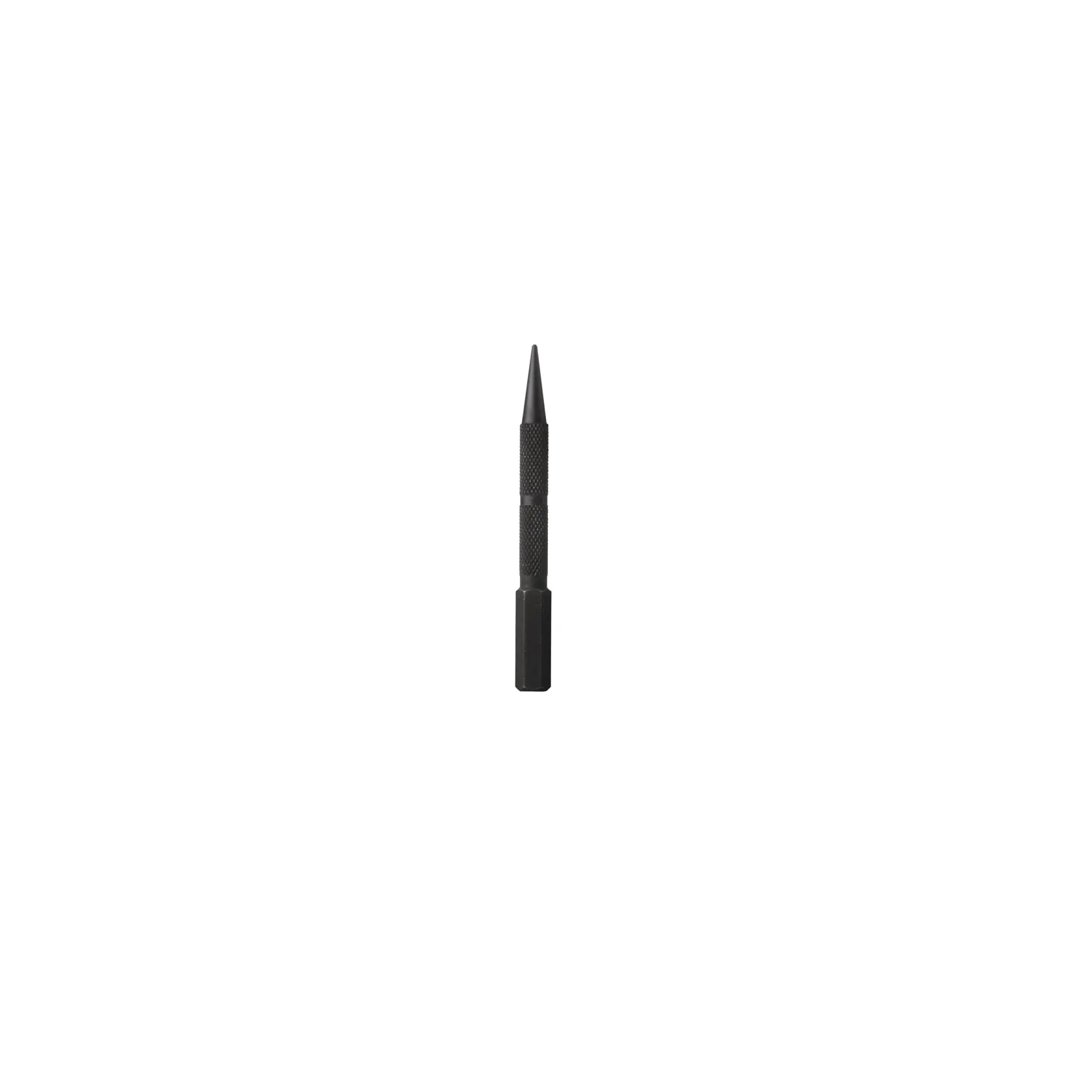 A black metal automatic center punch tool with a knurled grip, standing upright on a white background.