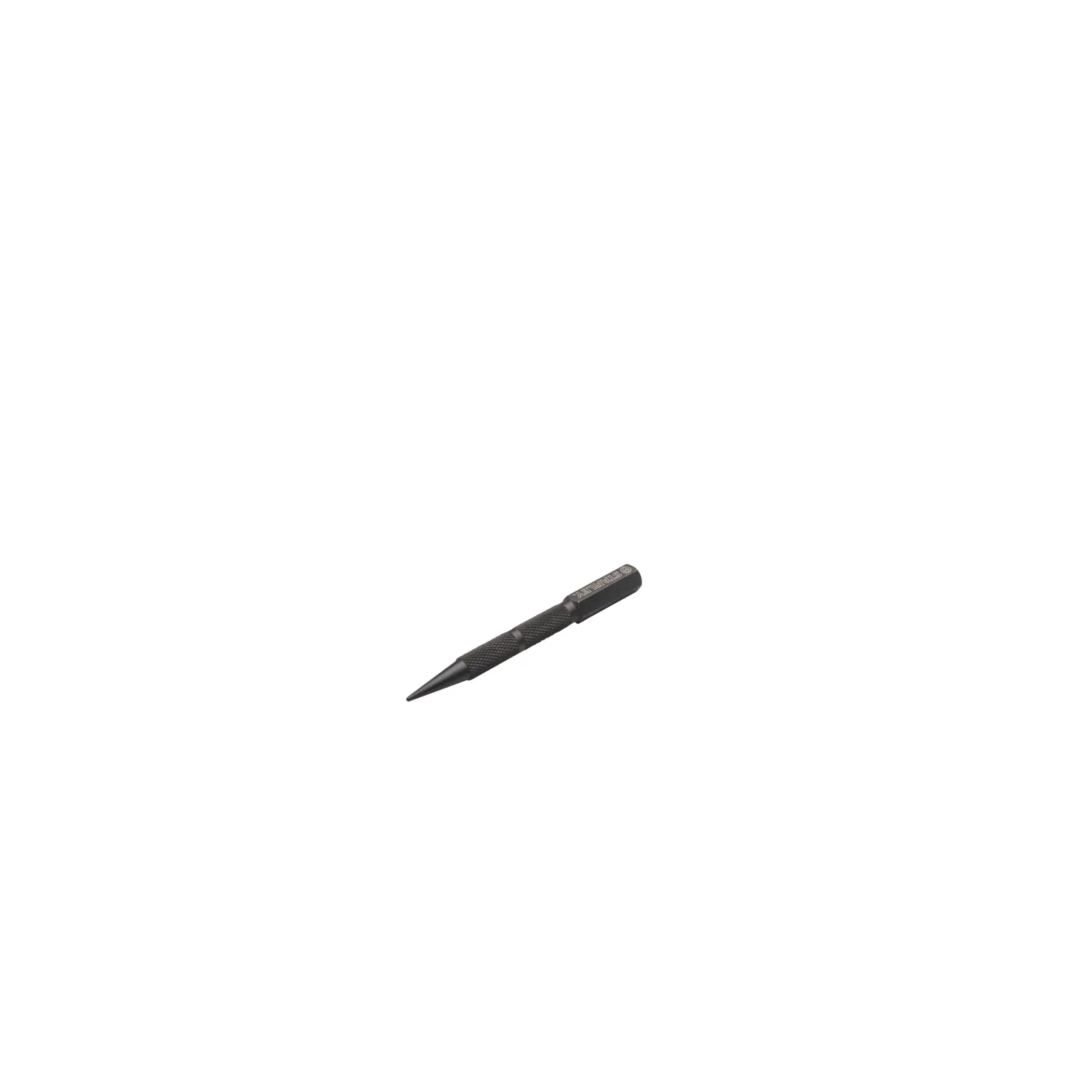 STANLEY 0-58-111 steel nail punch, side view, black knurled handle, isolated on white background.