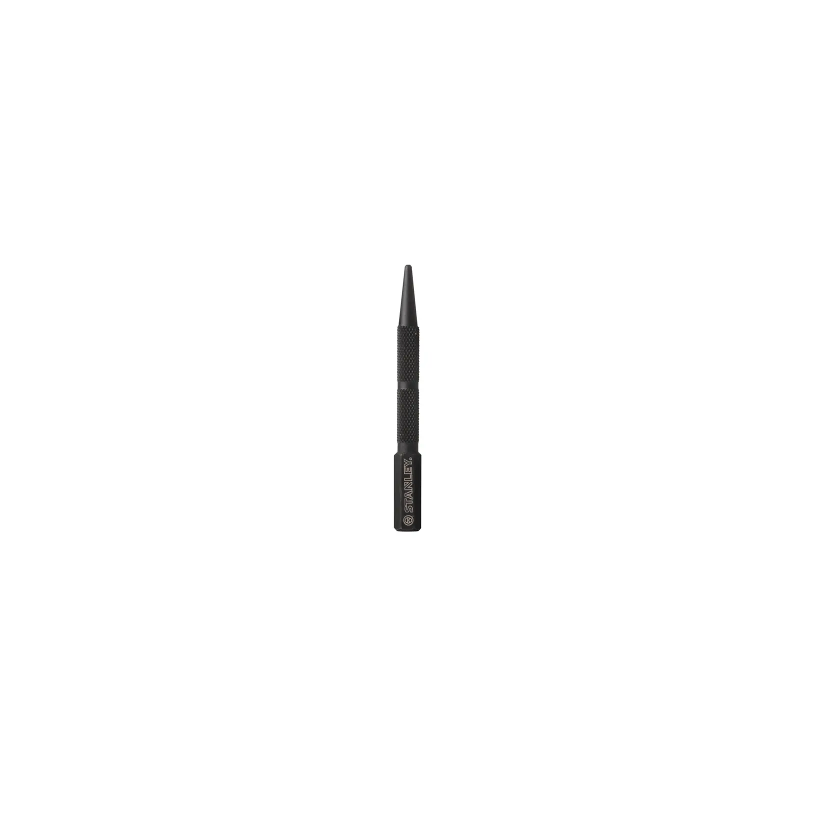 STANLEY 0-58-112 black metal center punch tool, side view on white background.