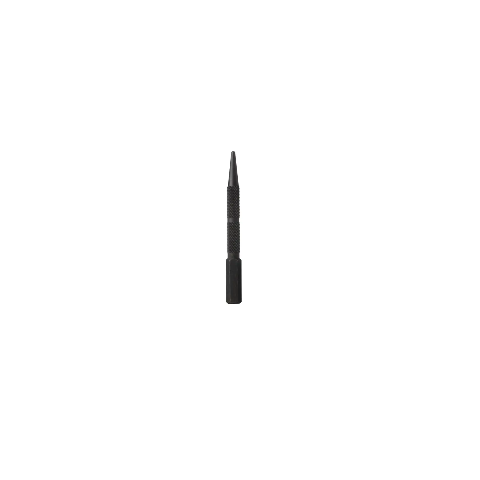 A black steel center punch tool with a knurled grip, used for marking metal surfaces.