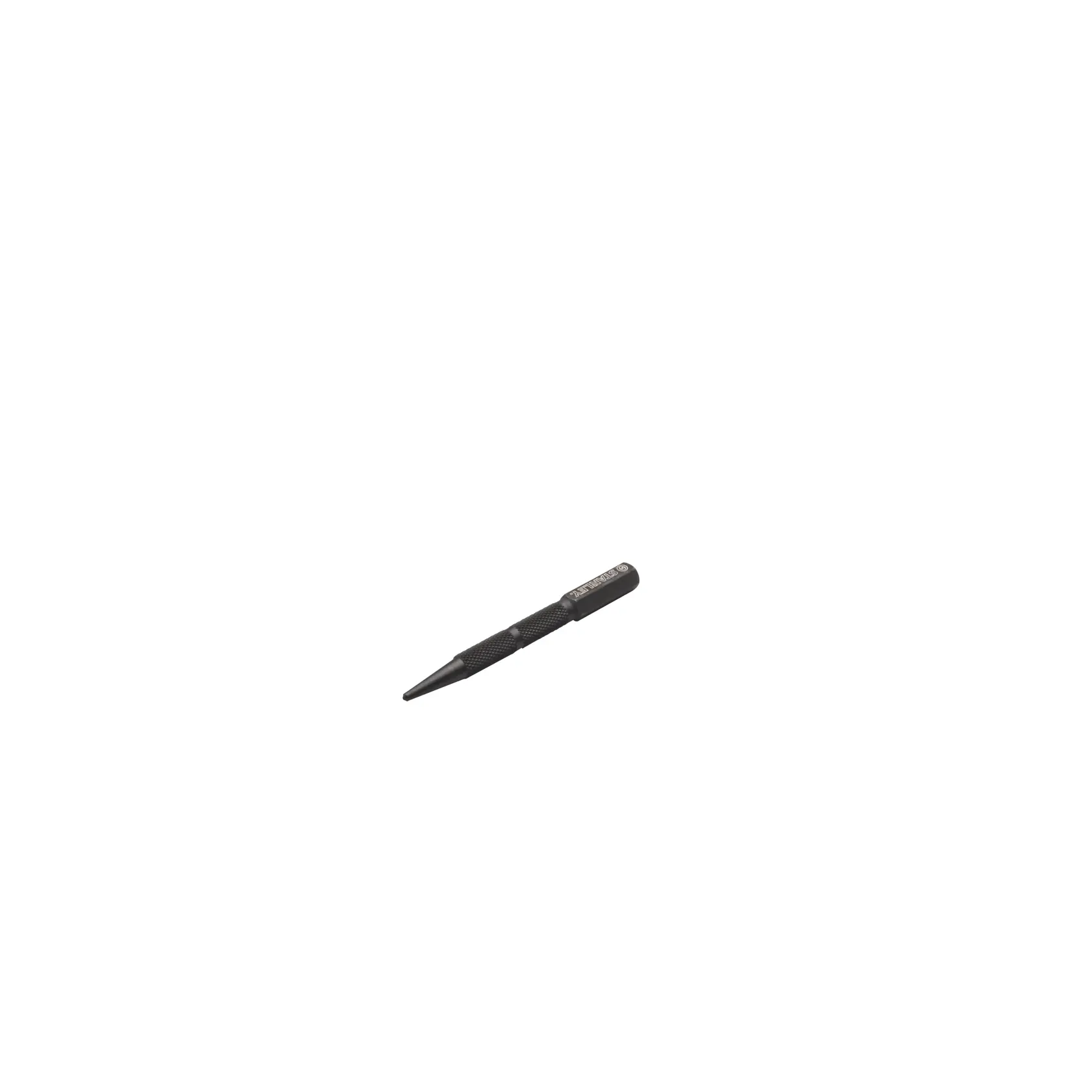 STANLEY 0-58-112 center punch tool, black metal, textured grip, side angle, hand tool photography.