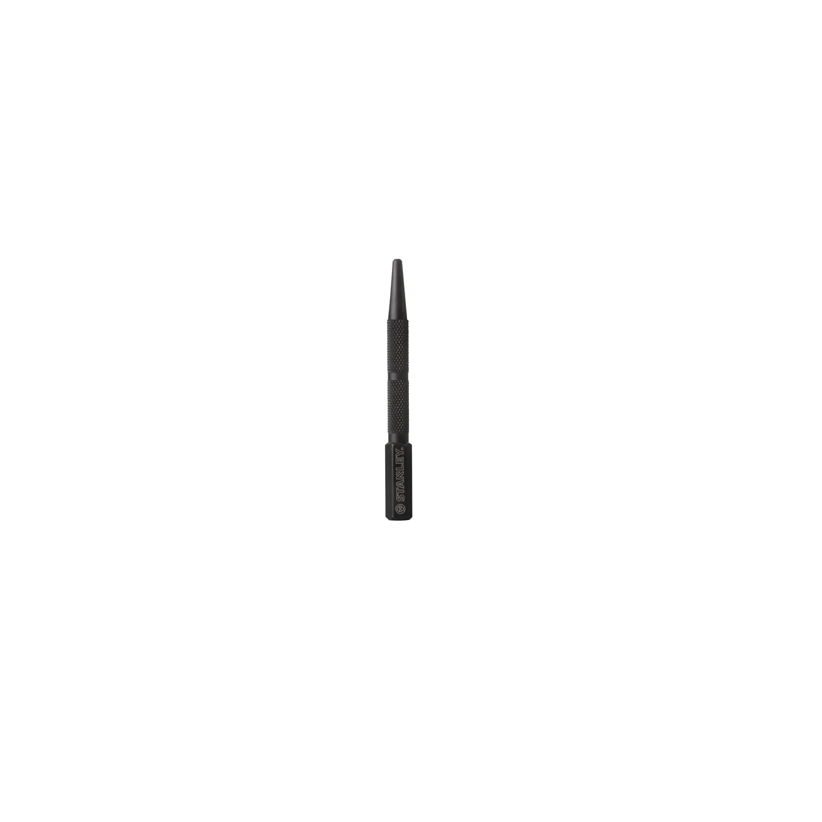 Stanley black steel punch tool with textured handle, shown upright on a white background.