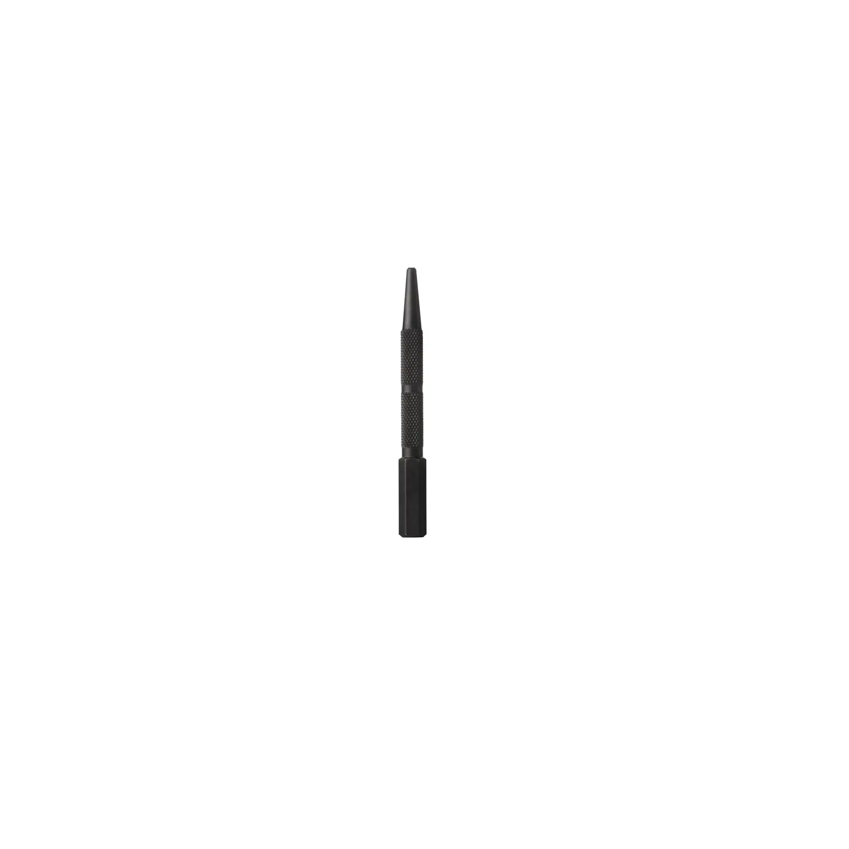 A black metal center punch tool with textured grip, used for marking surfaces before drilling.