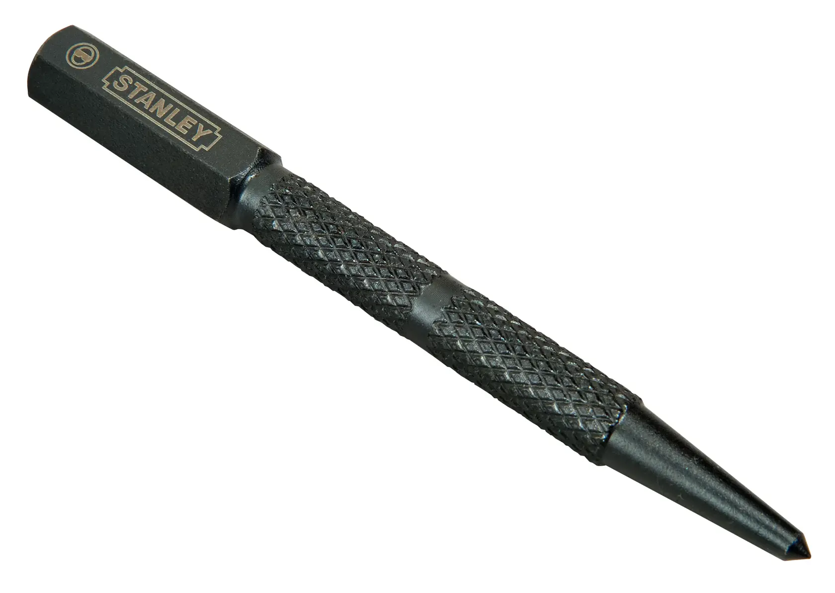 STANLEY 0-58-120 black steel centre punch with textured grip, side angle on white background.
