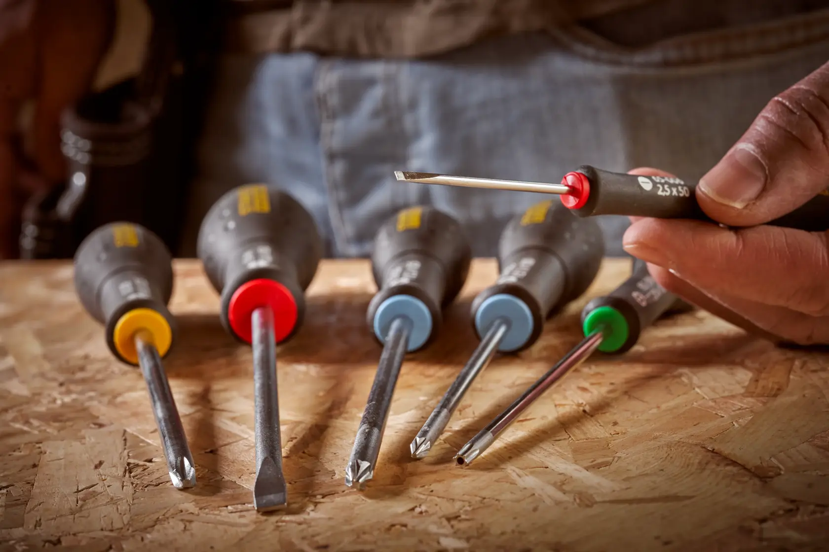 STANLEY 0-65-006 screwdriver set with color-coded handles on wood surface, one held in hand, product photography.
