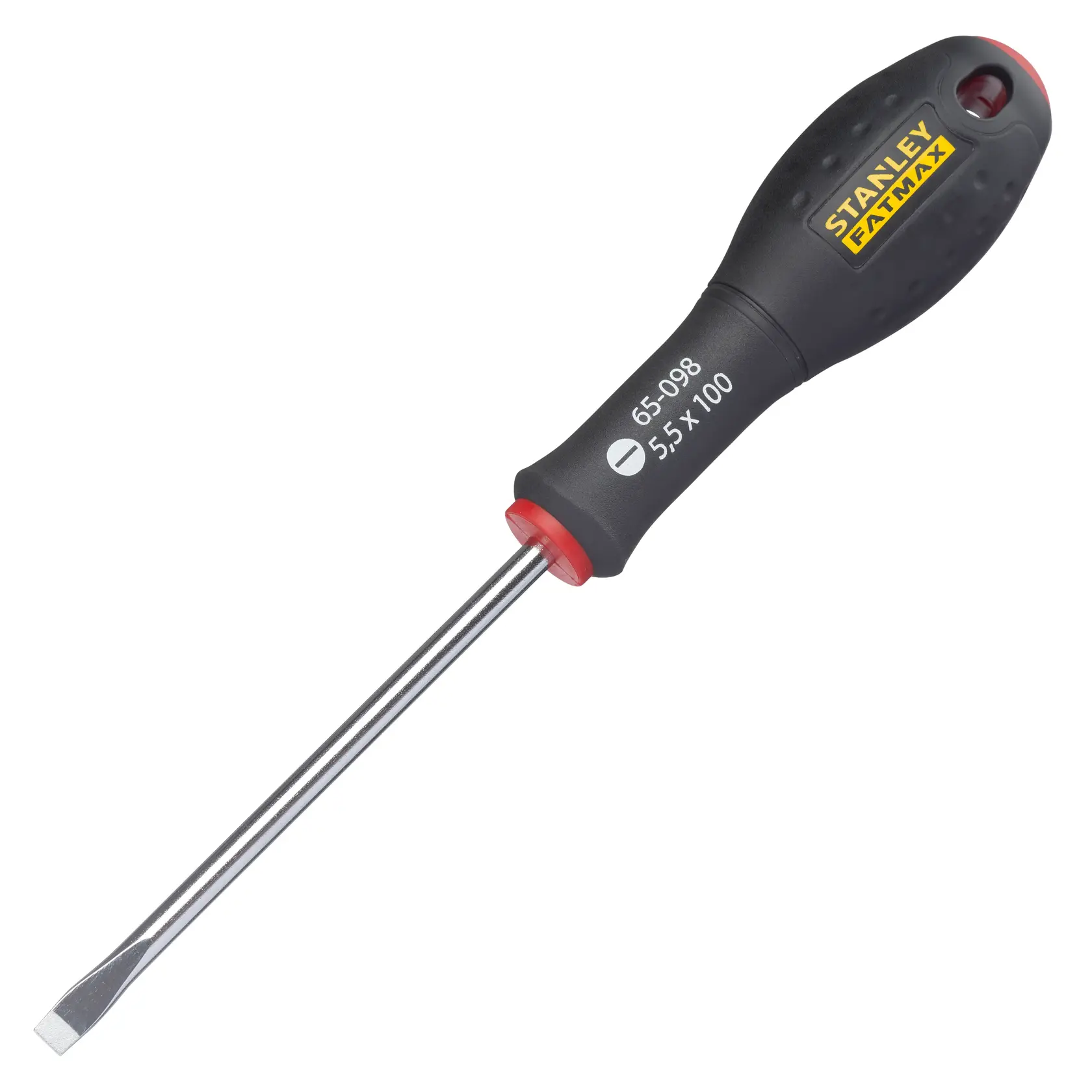 STANLEY 0-65-098 ratchet screwdriver with black and yellow handle, flat head, product photo on white background.