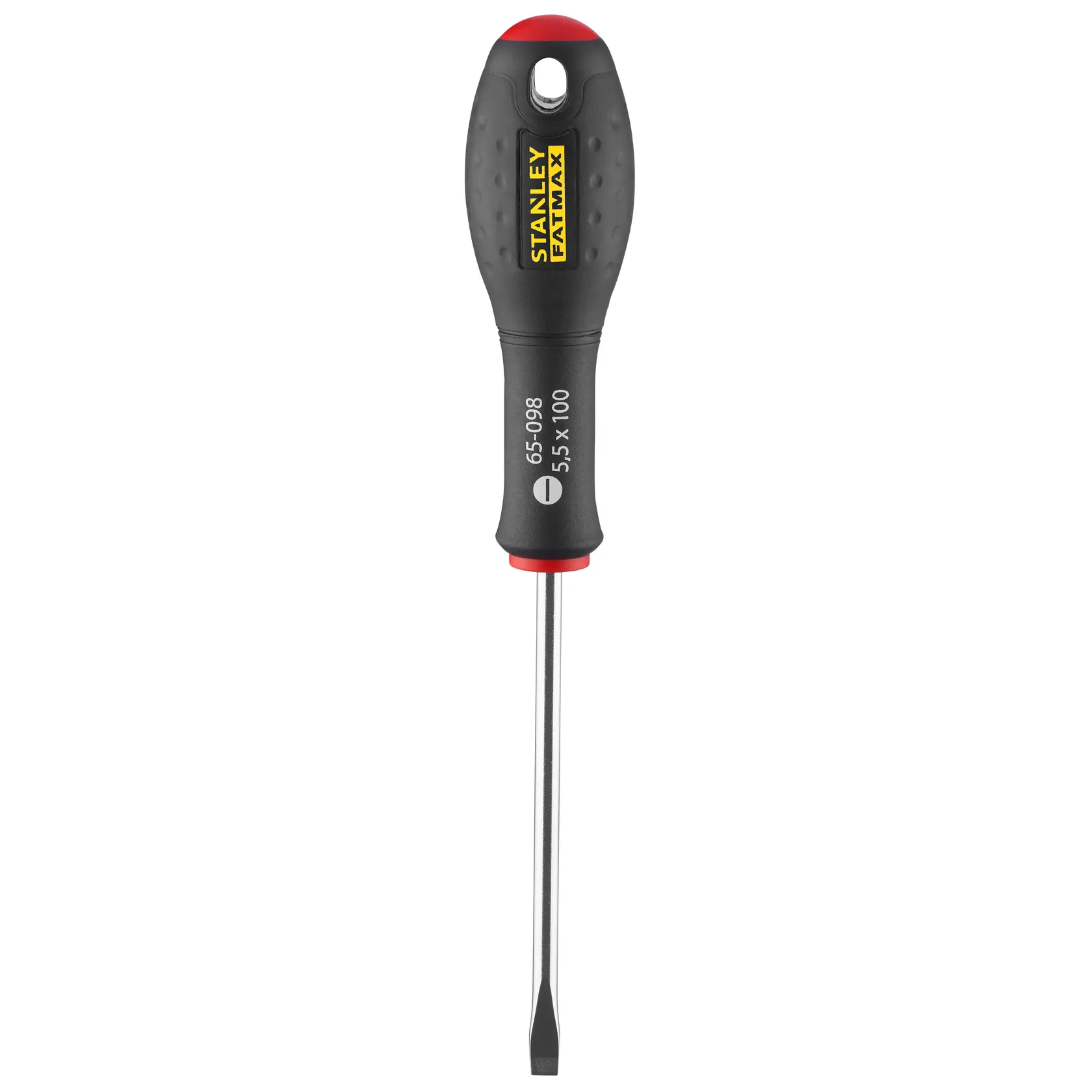STANLEY 0-65-098 slotted screwdriver with black handle, yellow logo, and red accent, front view on white background.