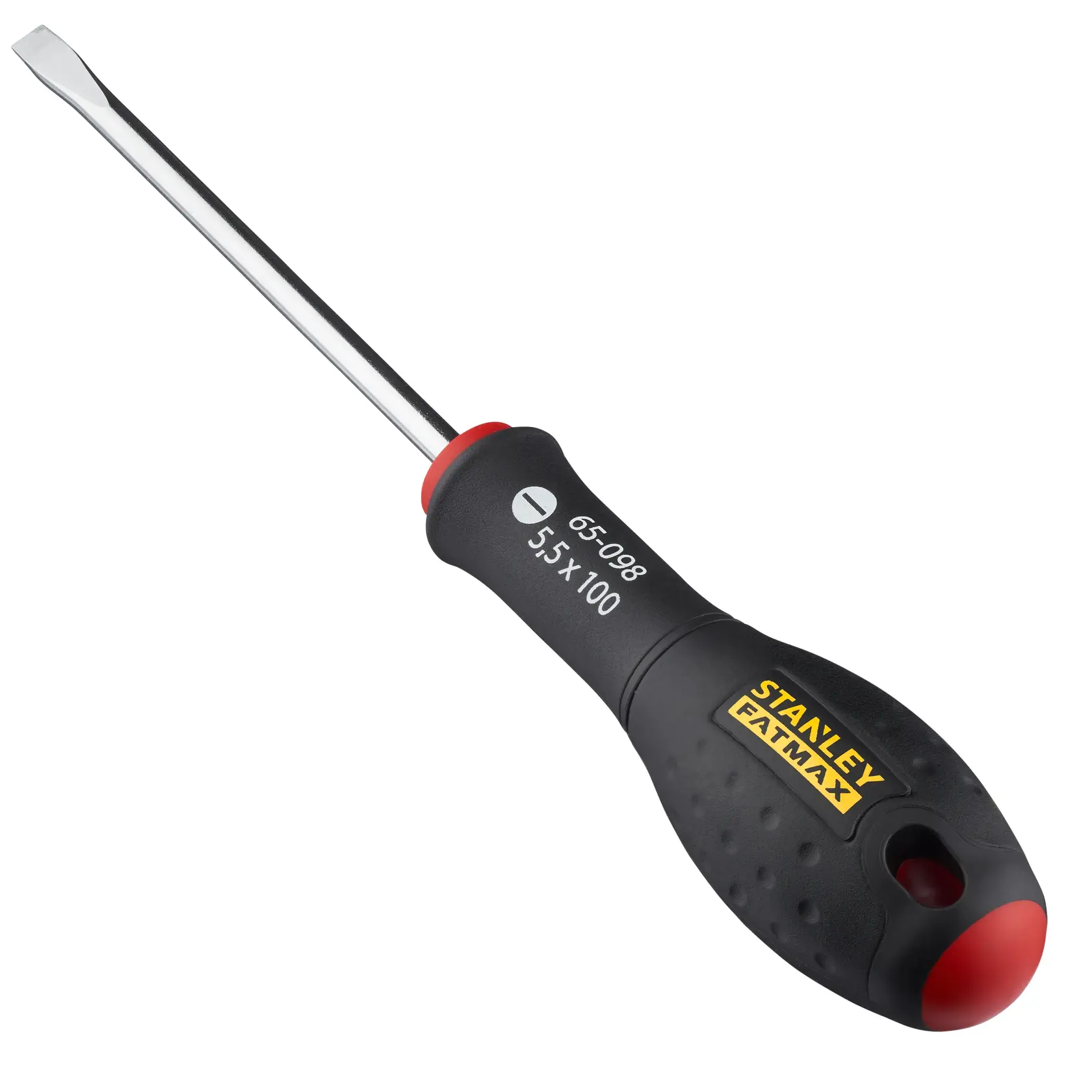 STANLEY 0-65-098 FATMAX flathead screwdriver with black and red handle, side angle on white background.