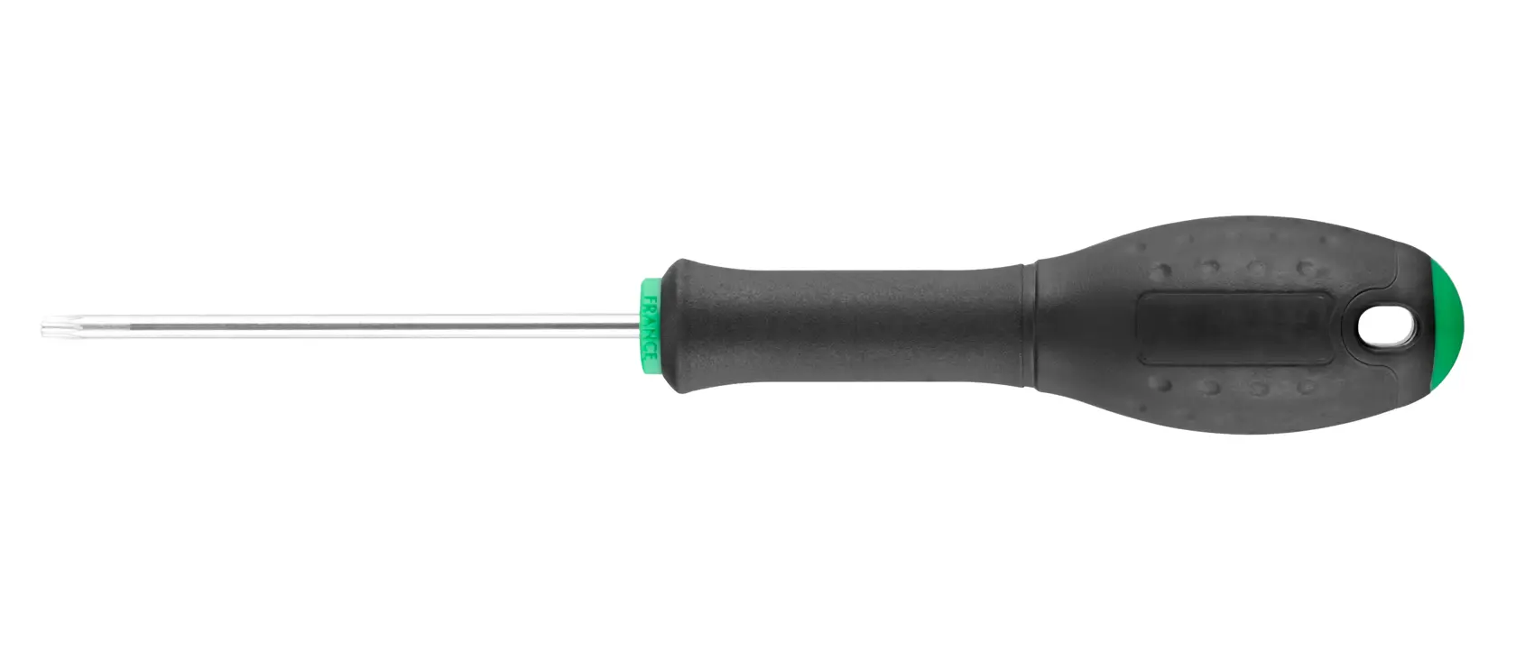 STANLEY 0-65-340 black and green screwdriver, ergonomic handle, side view, isolated on white background.