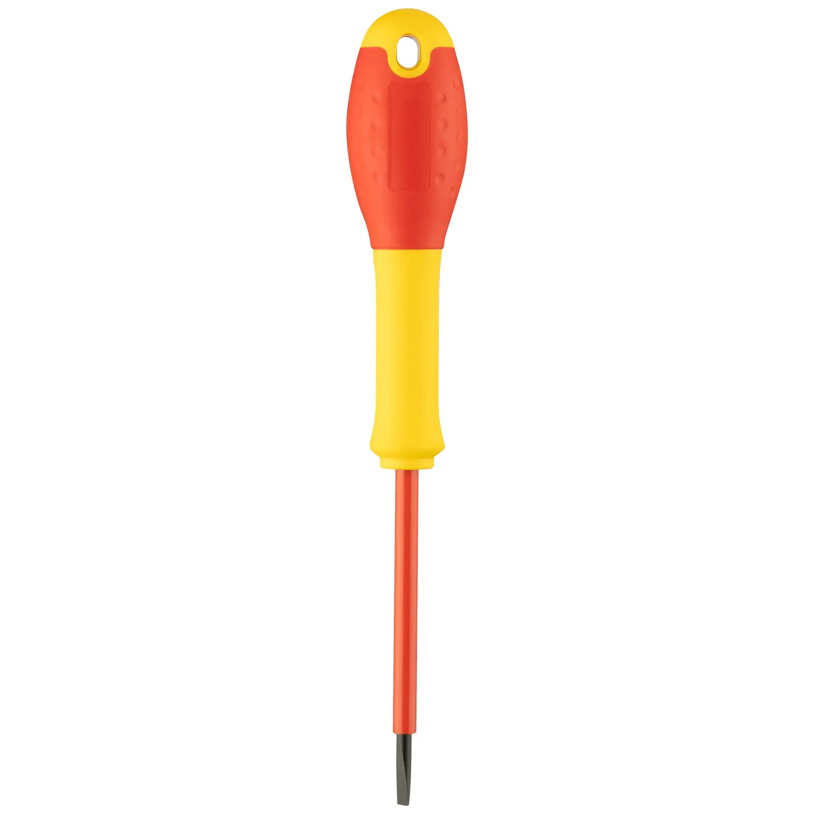 STANLEY 0-65-411 insulated screwdriver, yellow and red handle, front view, hand tool for photography.