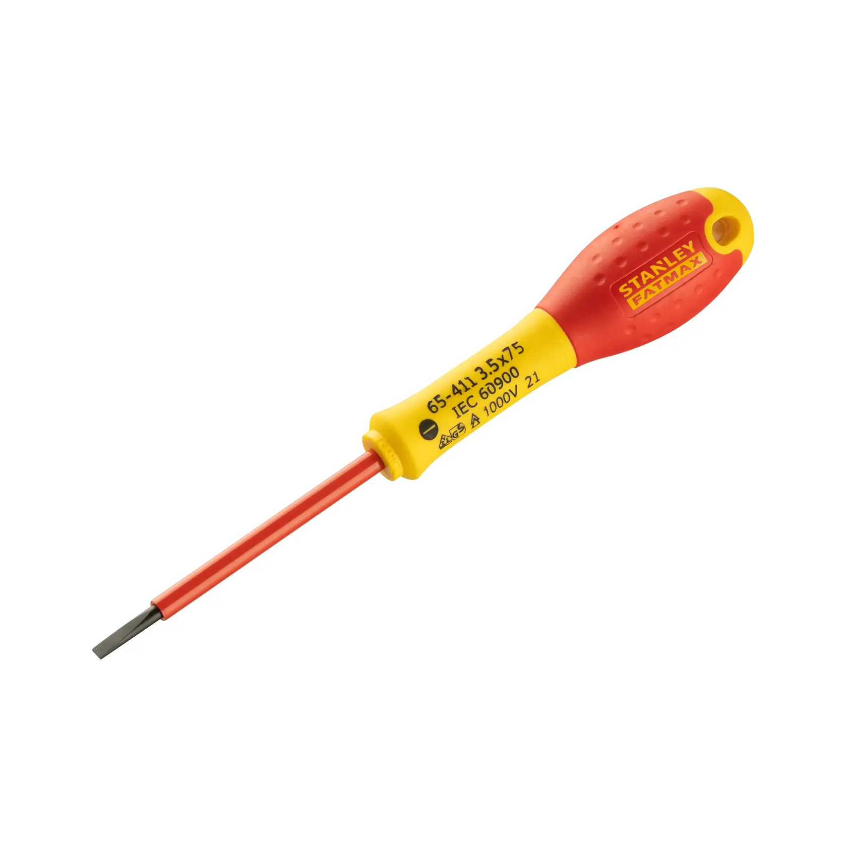 STANLEY 0-65-411 insulated flathead screwdriver, red and yellow handle, product side angle on white background.