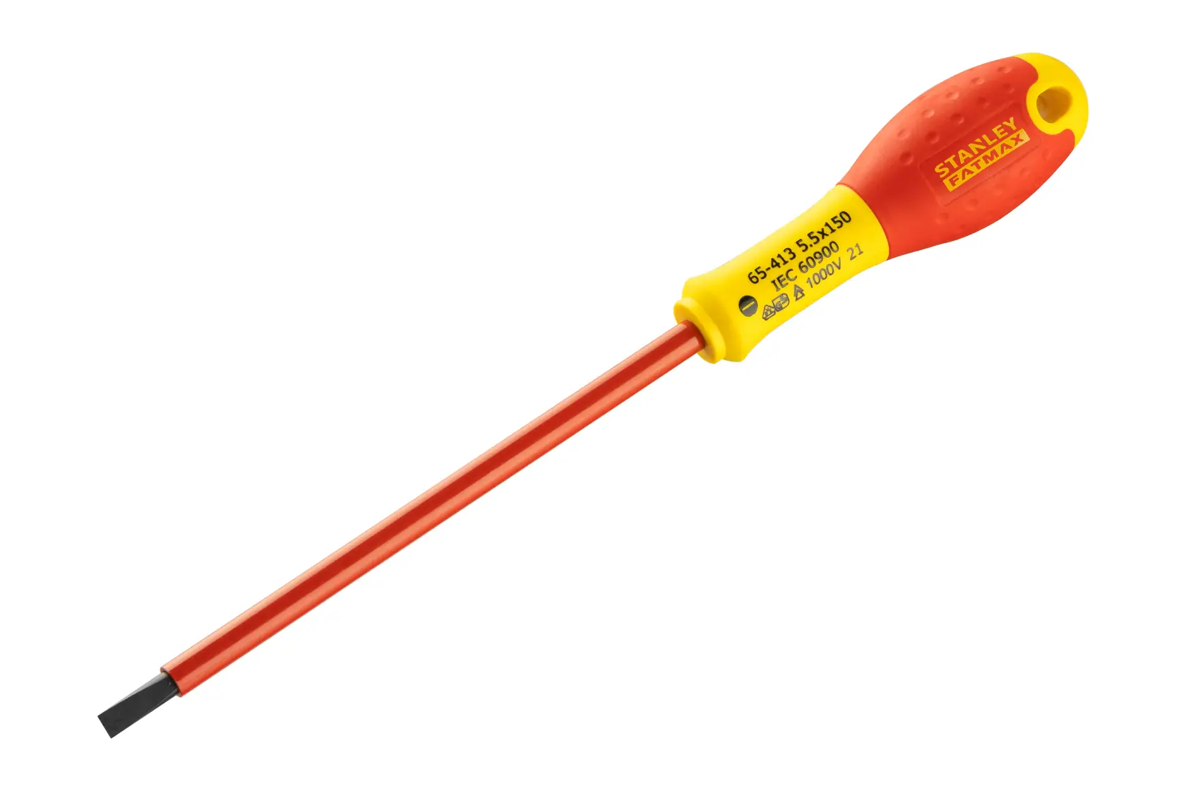 Photo of STANLEY 0-65-413 insulated screwdriver with red shaft and yellow-red handle on white background.