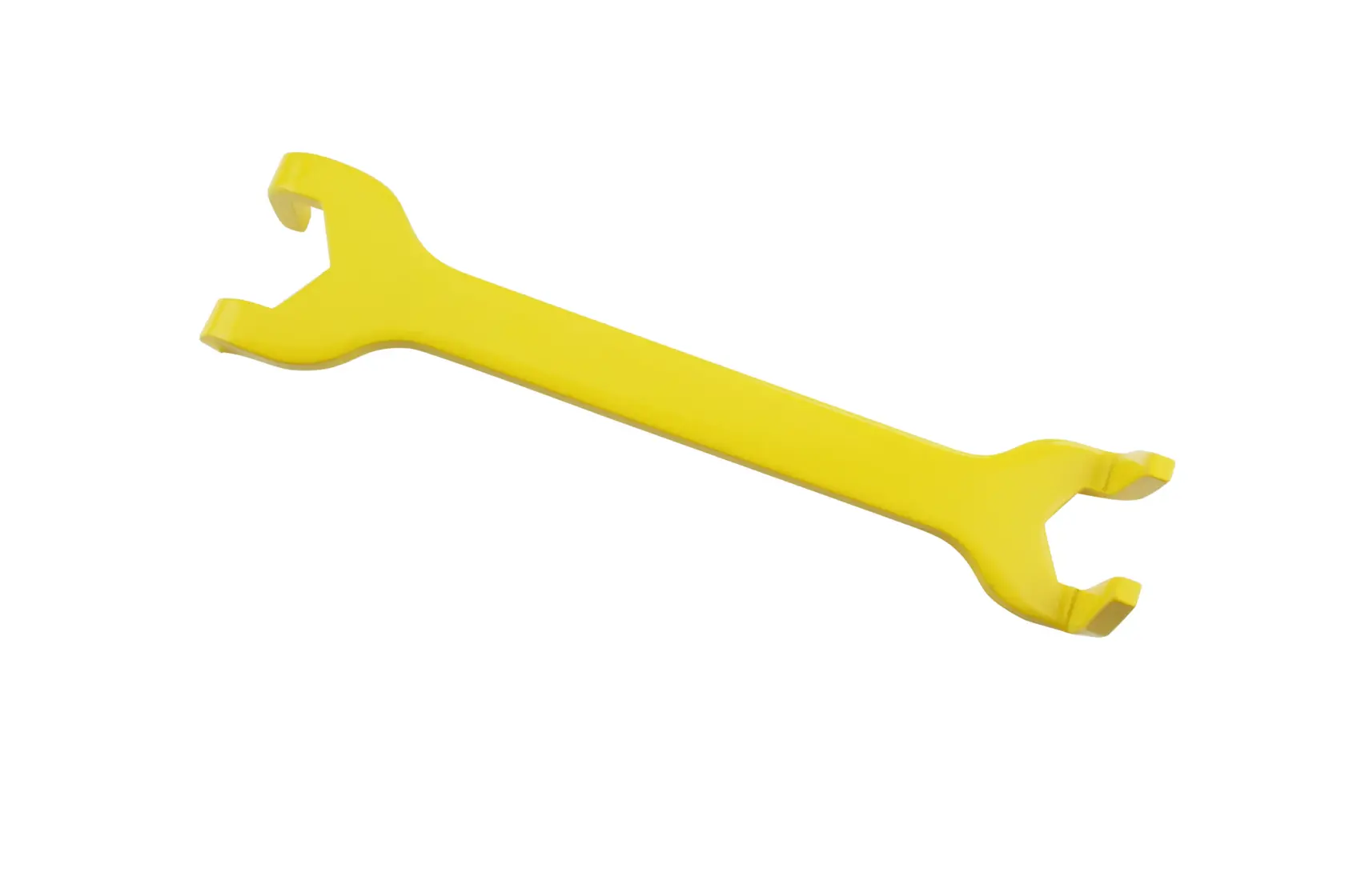 Photo of STANLEY 0-70-454 yellow plastic spanner, straight-on angle, tool category.