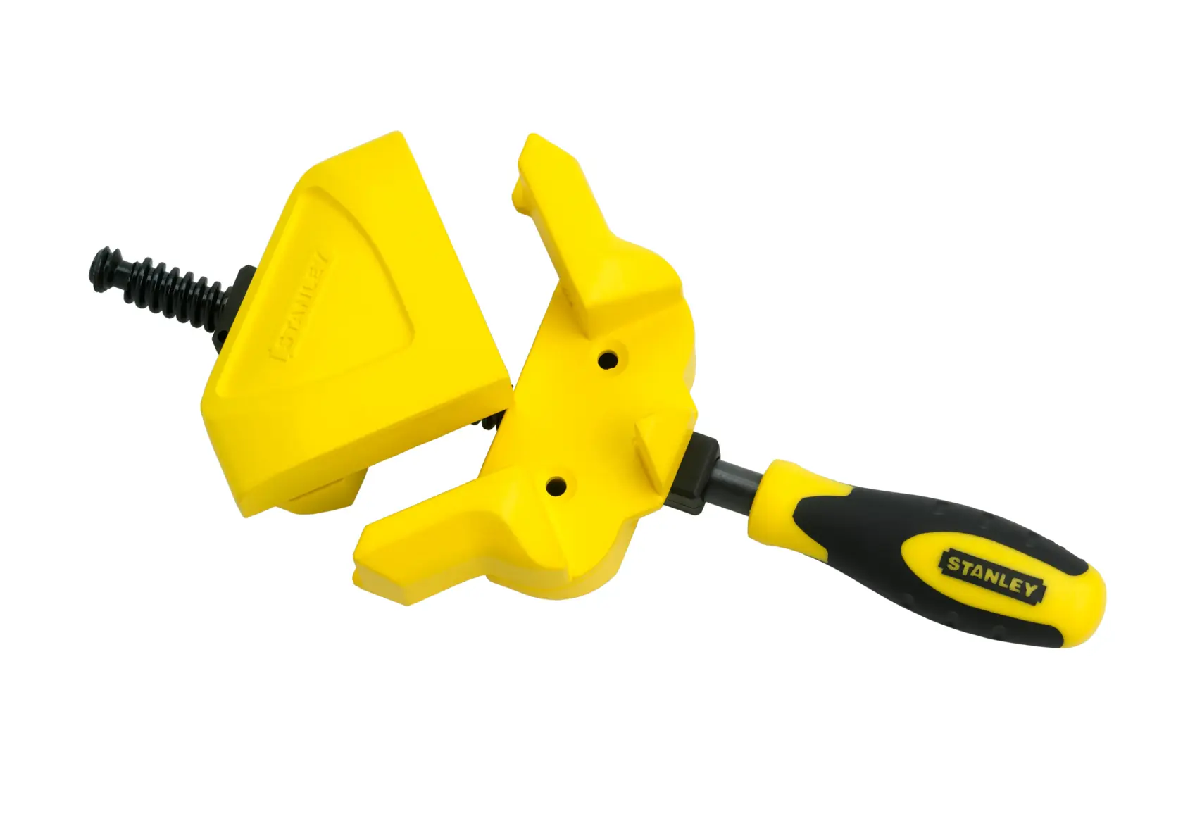 Yellow STANLEY right angle clamp with black handle for precise woodworking and joint fixing.