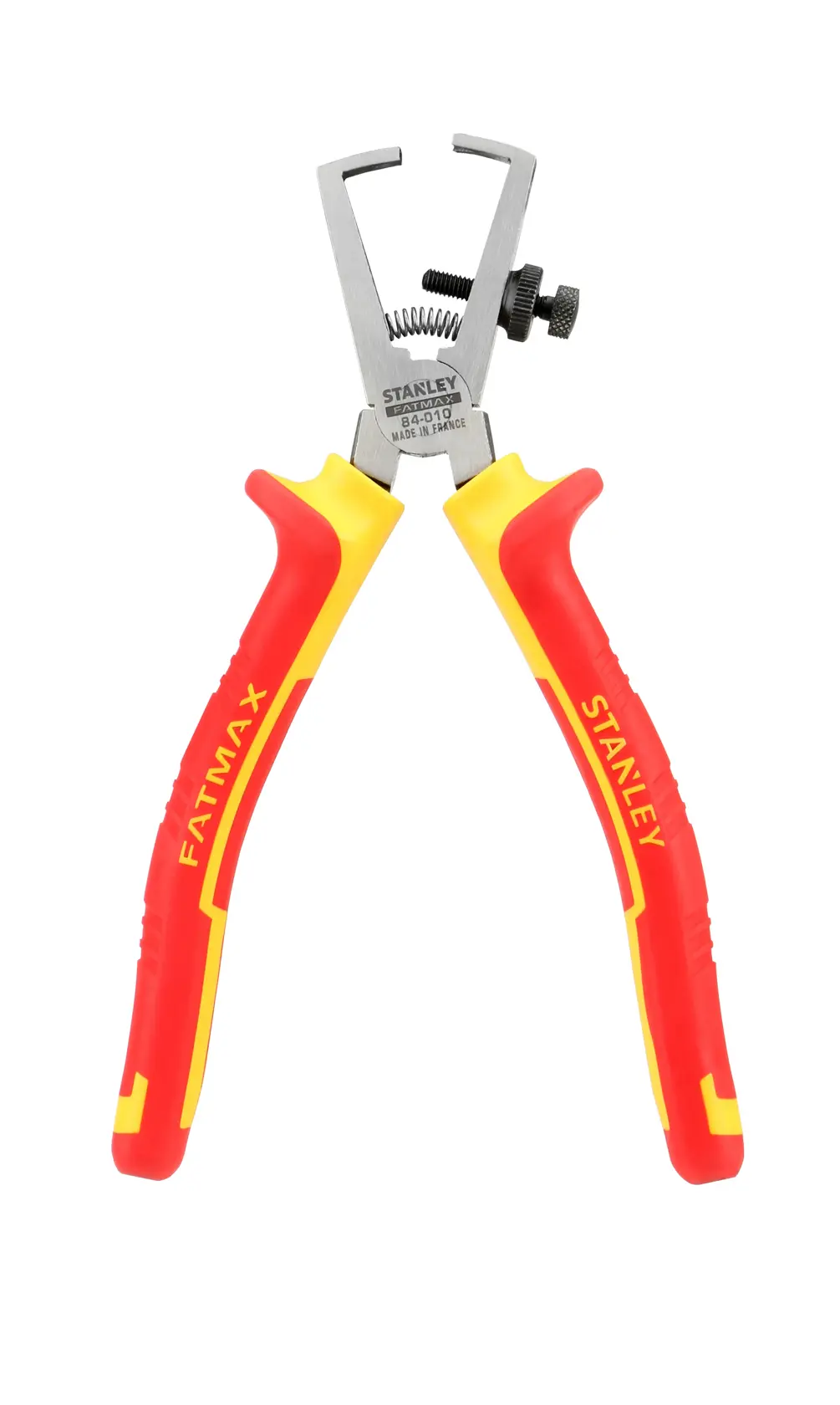 STANLEY 0-84-010 wire stripper, red and yellow handles, front angle on white background.