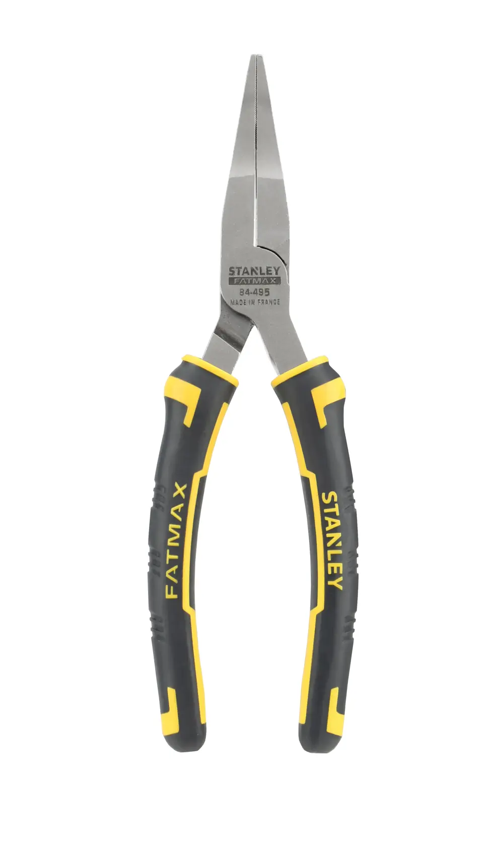 Photo of STANLEY 0-84-495 long nose pliers with black and yellow handles, front angle on white background.