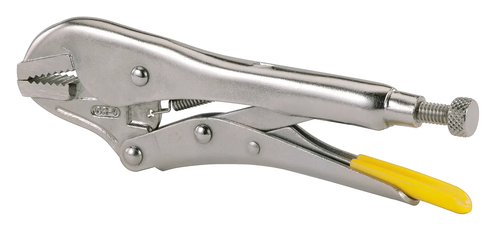 STANLEY 0-84-810 locking pliers with silver finish and yellow handle grip, product side view on white background.