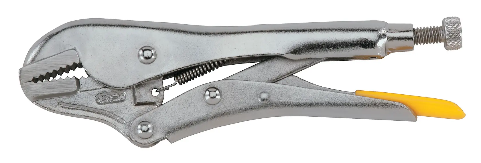 Photo of STANLEY 0-84-810 locking pliers with a metallic finish and yellow release lever, side angle.