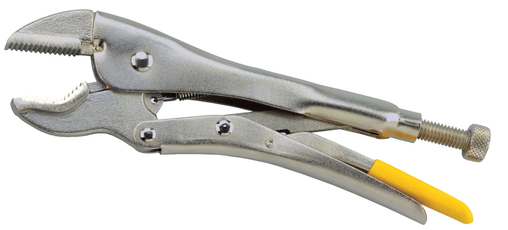 STANLEY 0-84-814 curved jaw locking plier with yellow grip, side view, tool on white background.