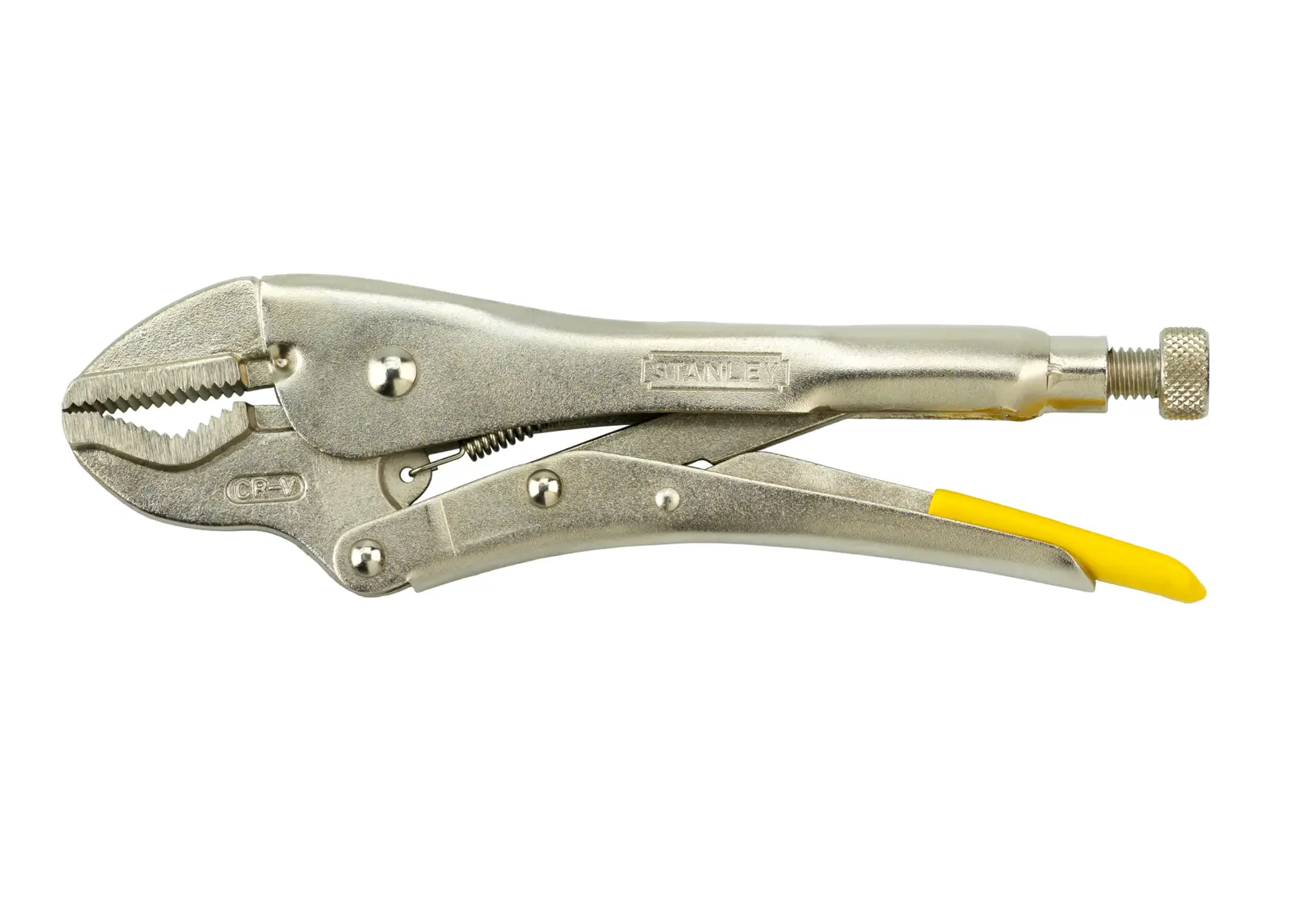 STANLEY 0-84-814 locking pliers, metal with yellow-tip handle, side view on white background.