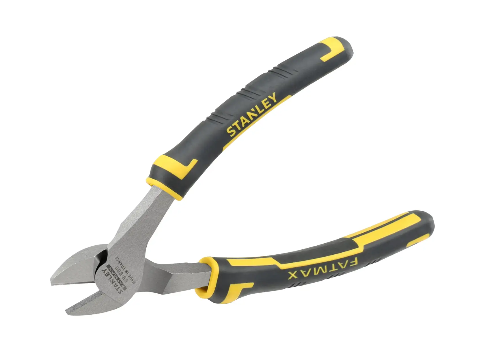 STANLEY 0-89-860 diagonal cutting pliers with black and yellow bi-material handles, side view on white background.