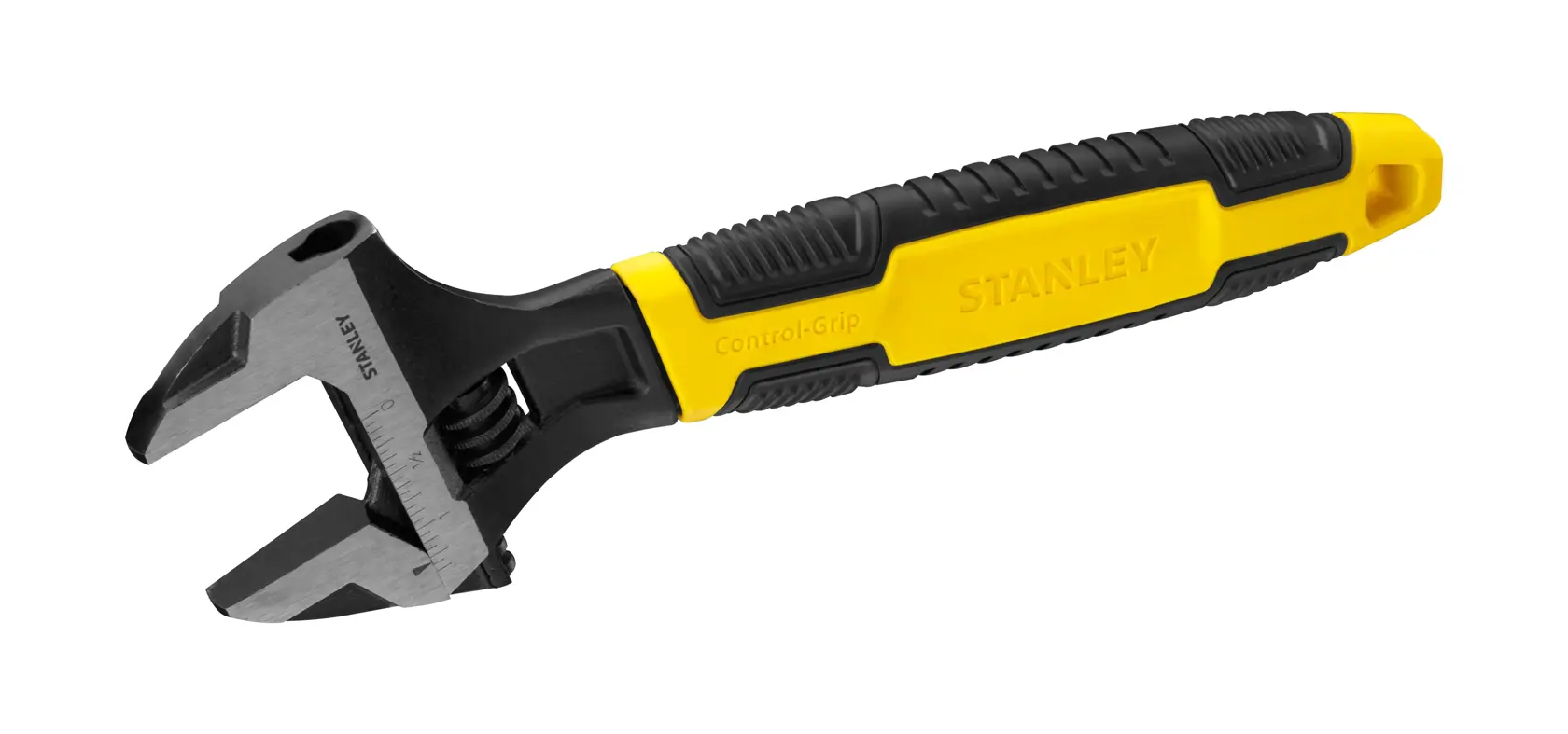 STANLEY 0-90-949 adjustable wrench with black and yellow Control-Grip handle, product side angle on white background.