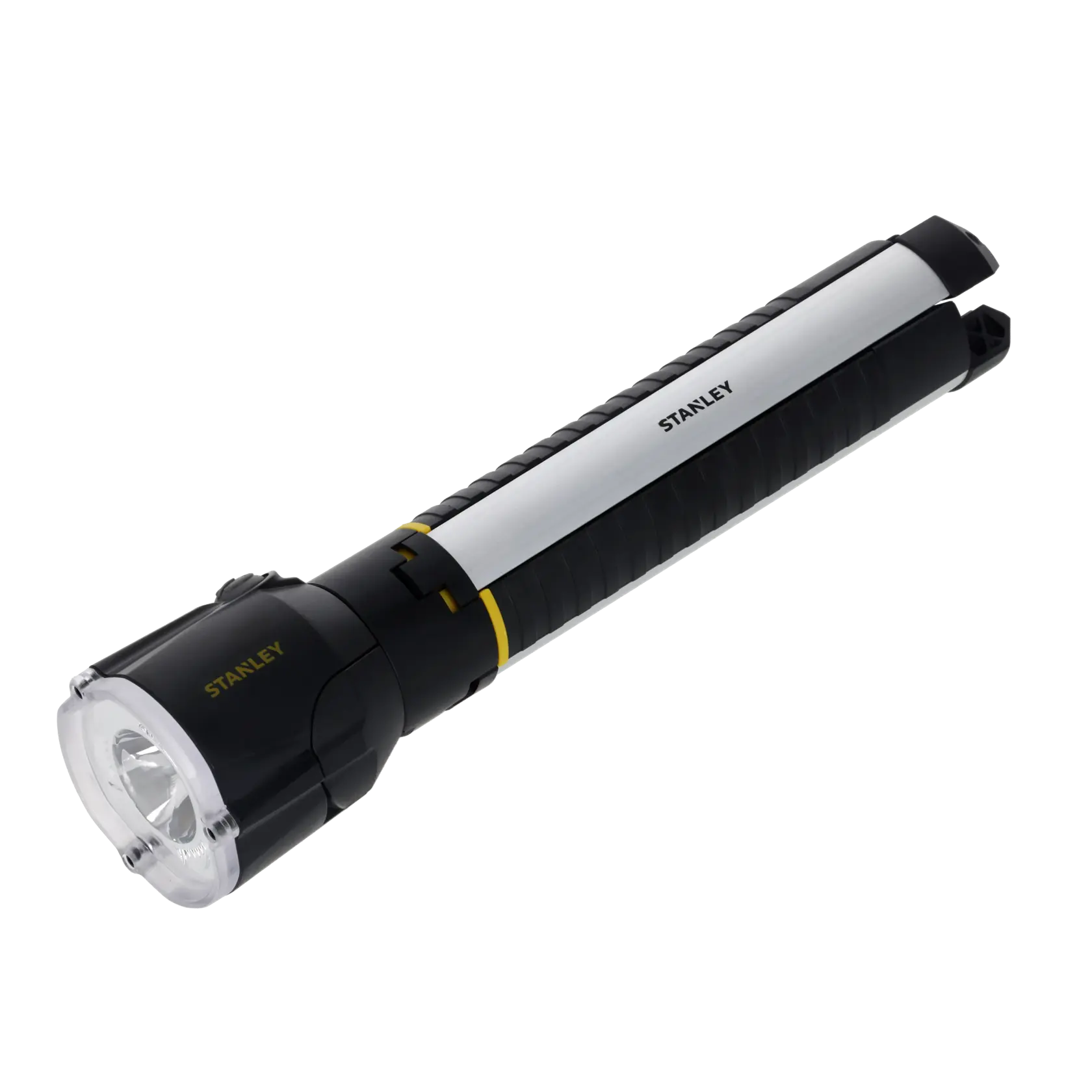 A STANLEY branded black and silver LED flashlight with a cylindrical design, featuring a large lens and a sturdy grip.