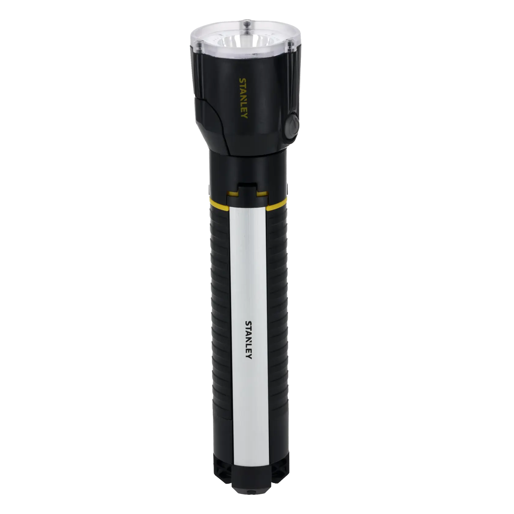 A STANLEY branded black and silver flashlight with a cylindrical body and a clear lens at the top, shown standing upright against a white background.
