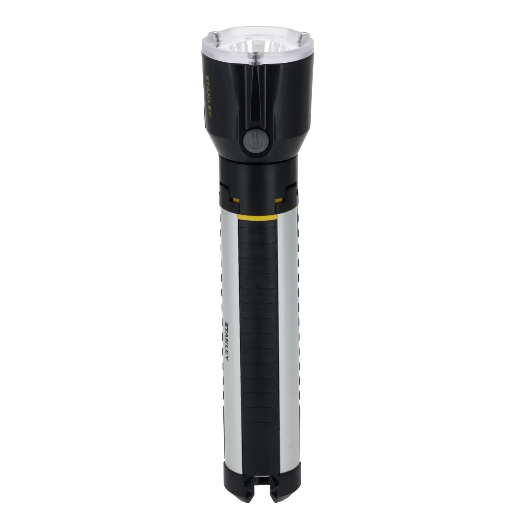 A STANLEY-branded flashlight with a black and silver body, featuring a yellow accent and a central power button, shown standing upright against a white background.