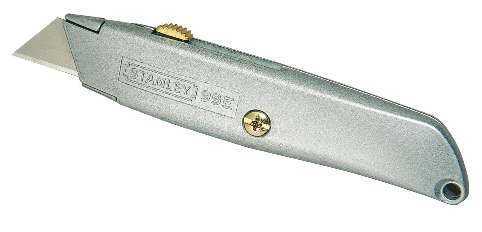 Foto des STANLEY 1-10-099 Universalmessers, silberner Metallkörper mit einziehbarer Klinge, Seitenansicht auf weißem Hintergrund.