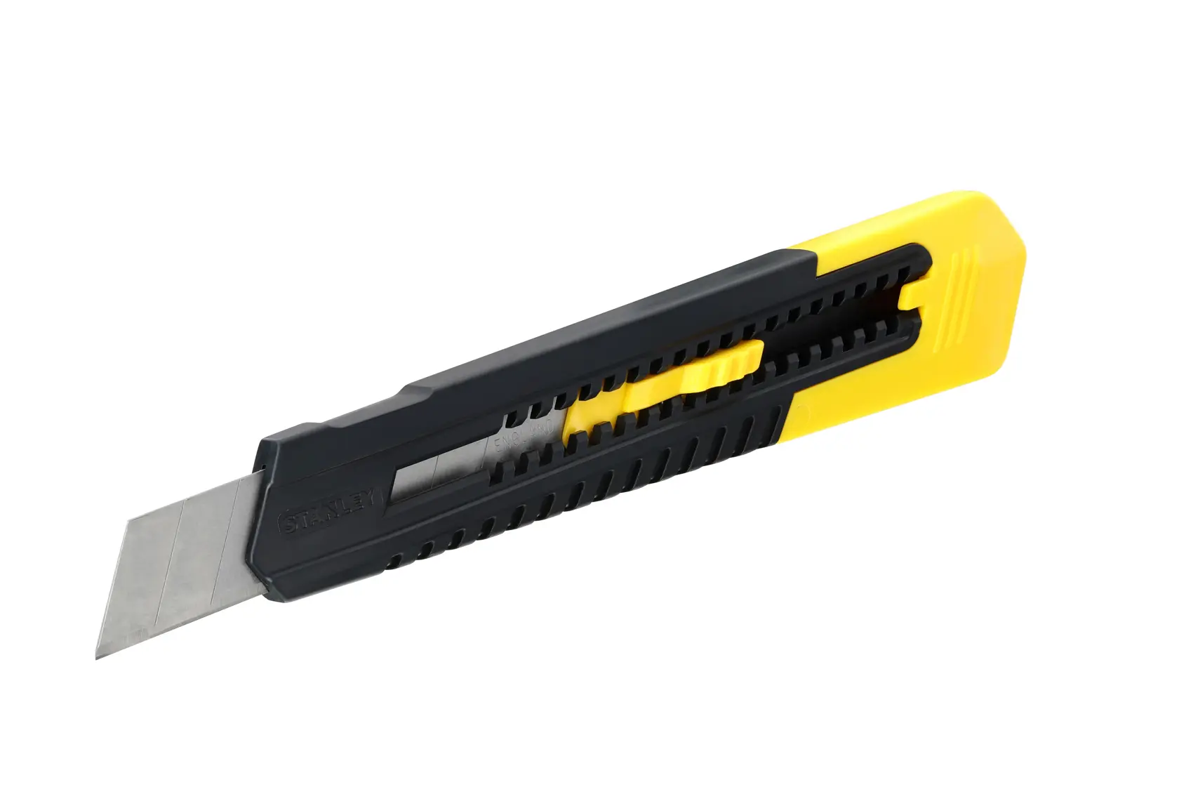 Stanley Universalmesser mit einziehbarer Klinge, schwarzer und gelber Griff, auf weißem Hintergrund.