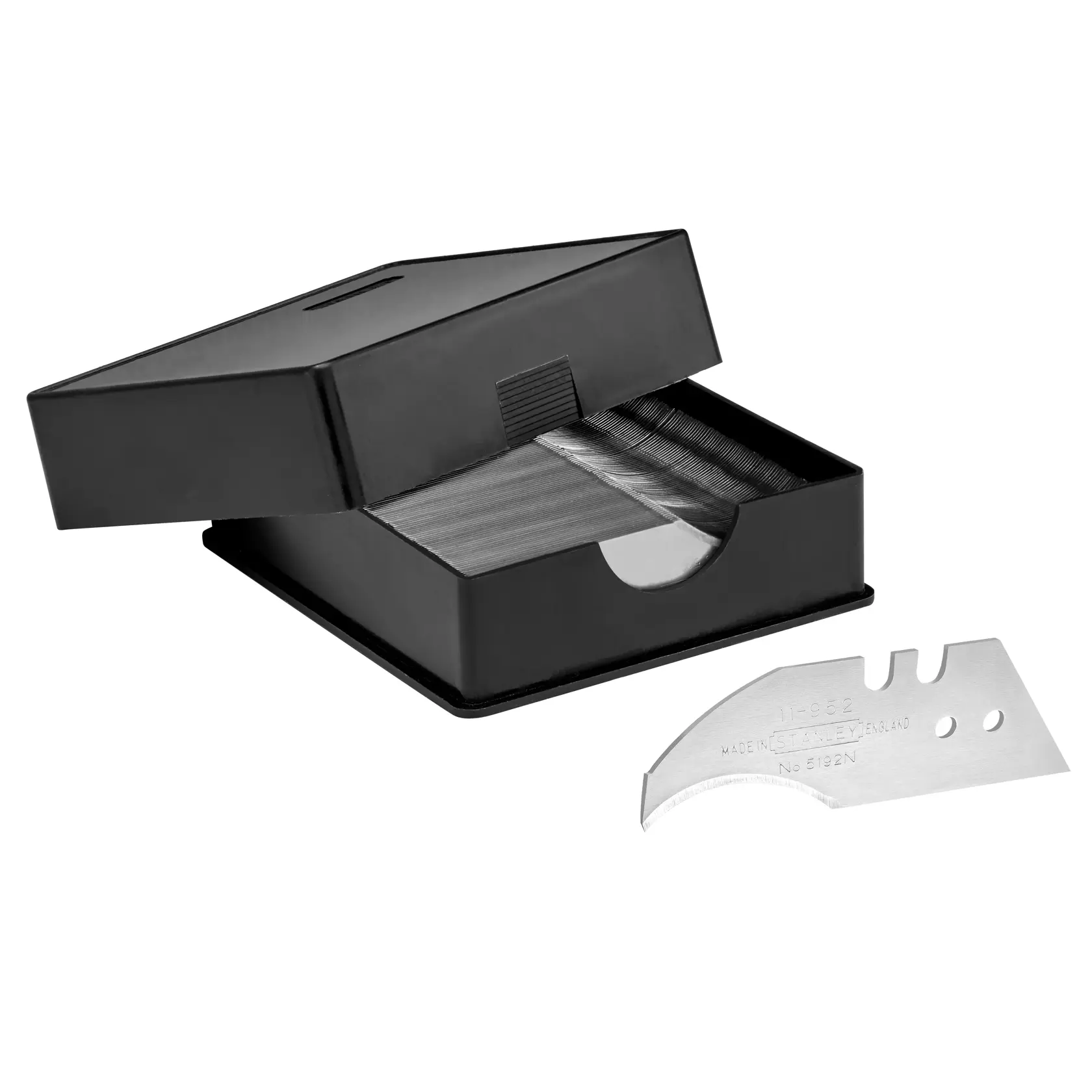 Stanley utility blades in a black storage box, one curved blade shown outside for detail.