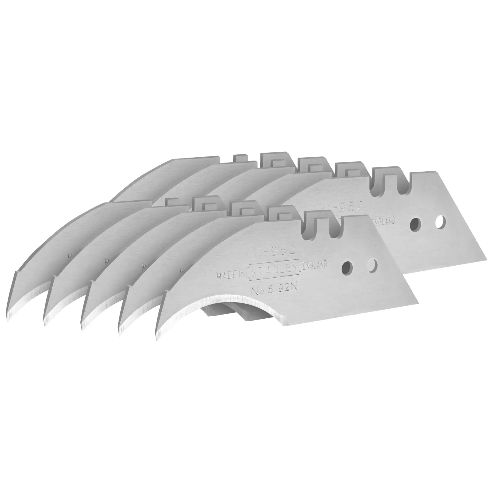 Stack of five STANLEY utility knife blades with curved edges, shown against a white background.