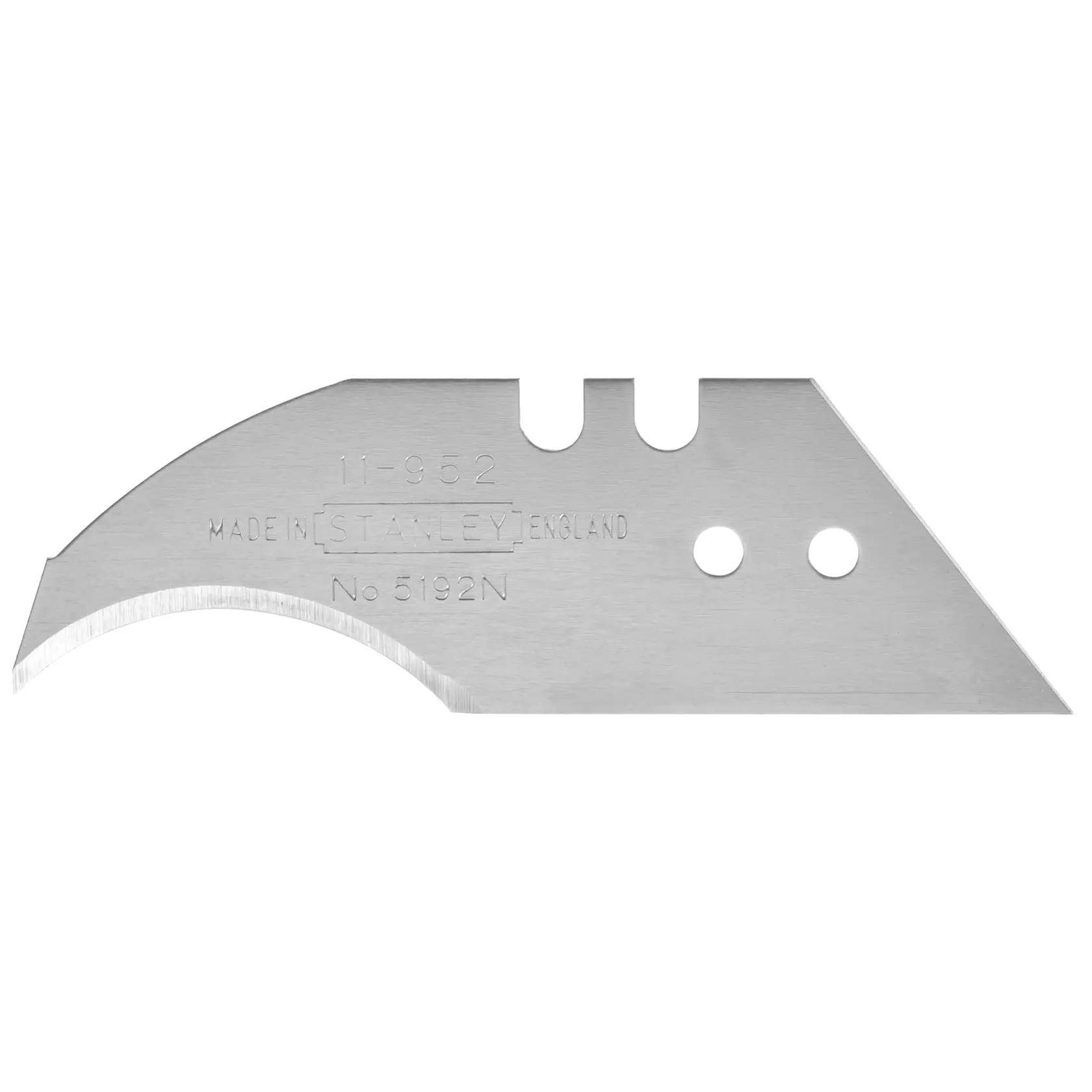 STANLEY 1-11-952 replacement utility knife blade, curved and angled, silver metal, photography on white background.