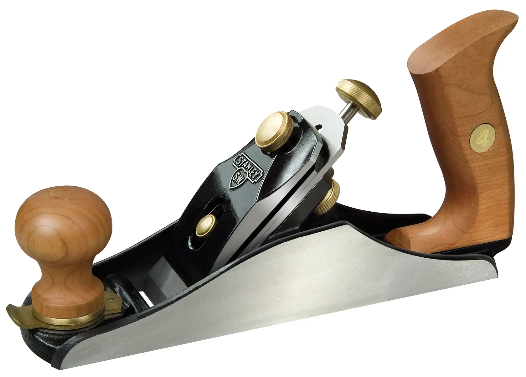 STANLEY 1-12-136 woodworking hand plane, side view, with wooden handles and brass fittings on white background.