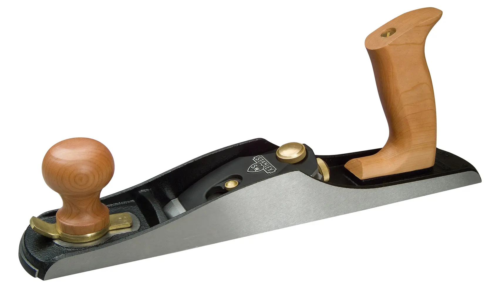 Photo of STANLEY 1-12-137 hand plane with wood handles, side angle, for woodworking.