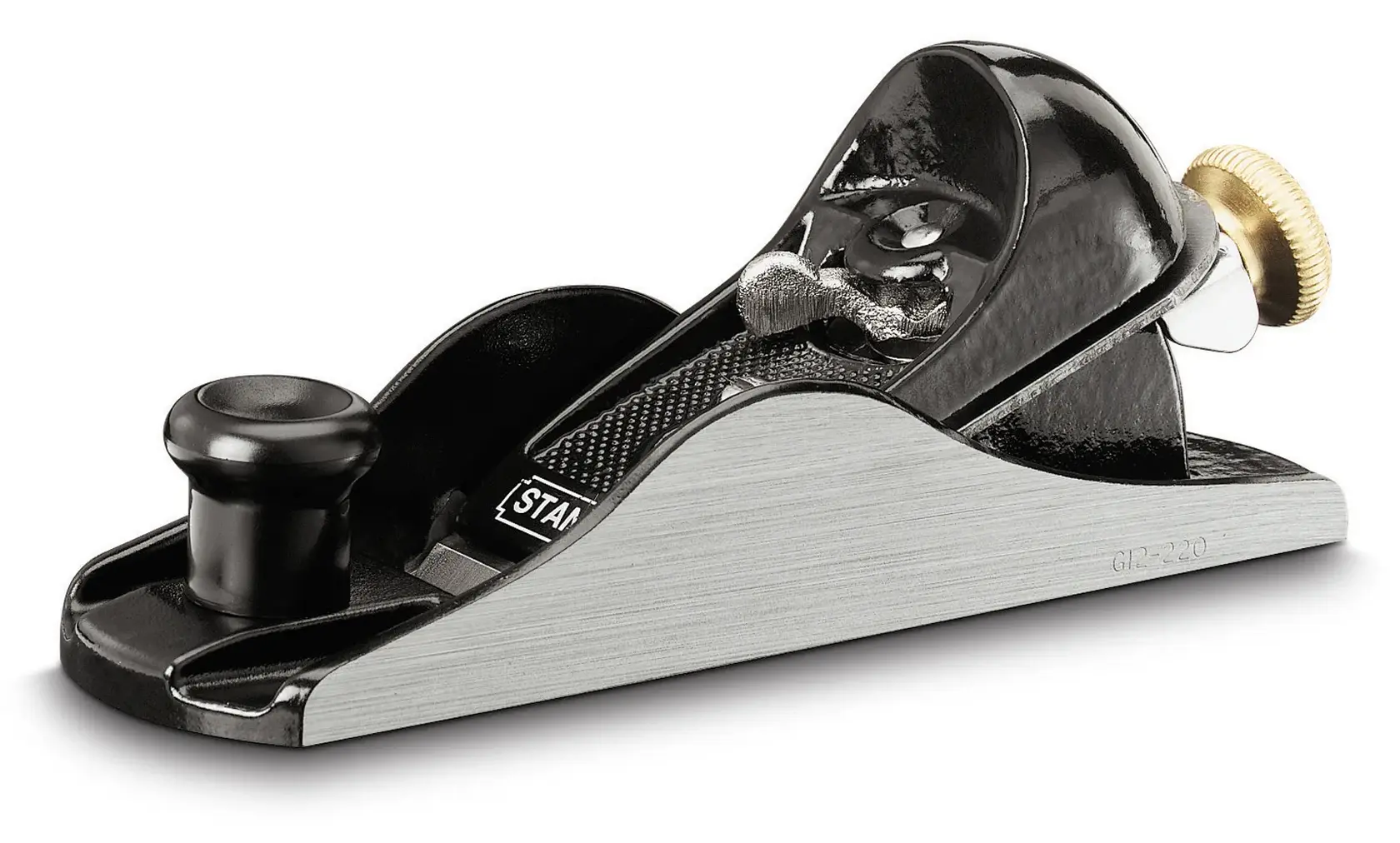 Photo of STANLEY 1-12-220 hand plane, metal, side view, black and silver finish, woodworking tool.