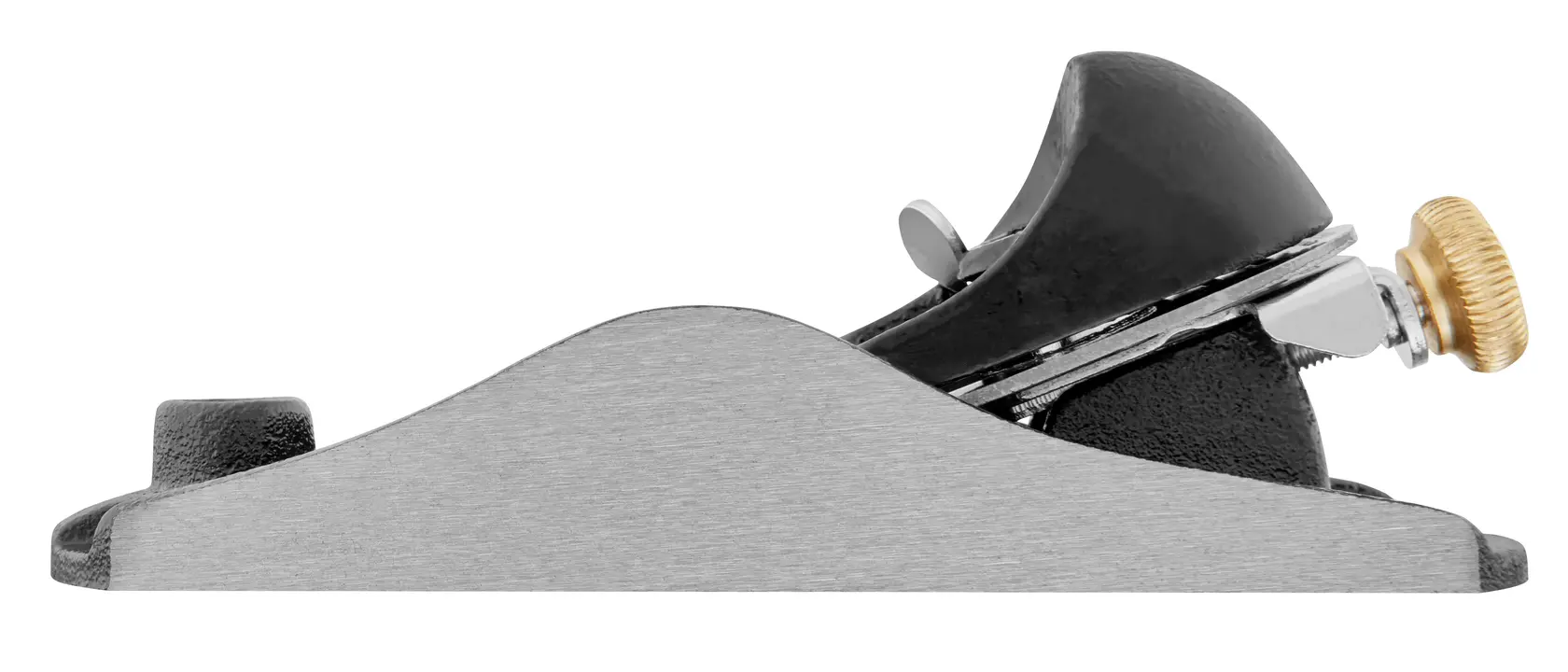 STANLEY 1-12-220 block plane, side view on white background, features metal body and brass adjustment knob.