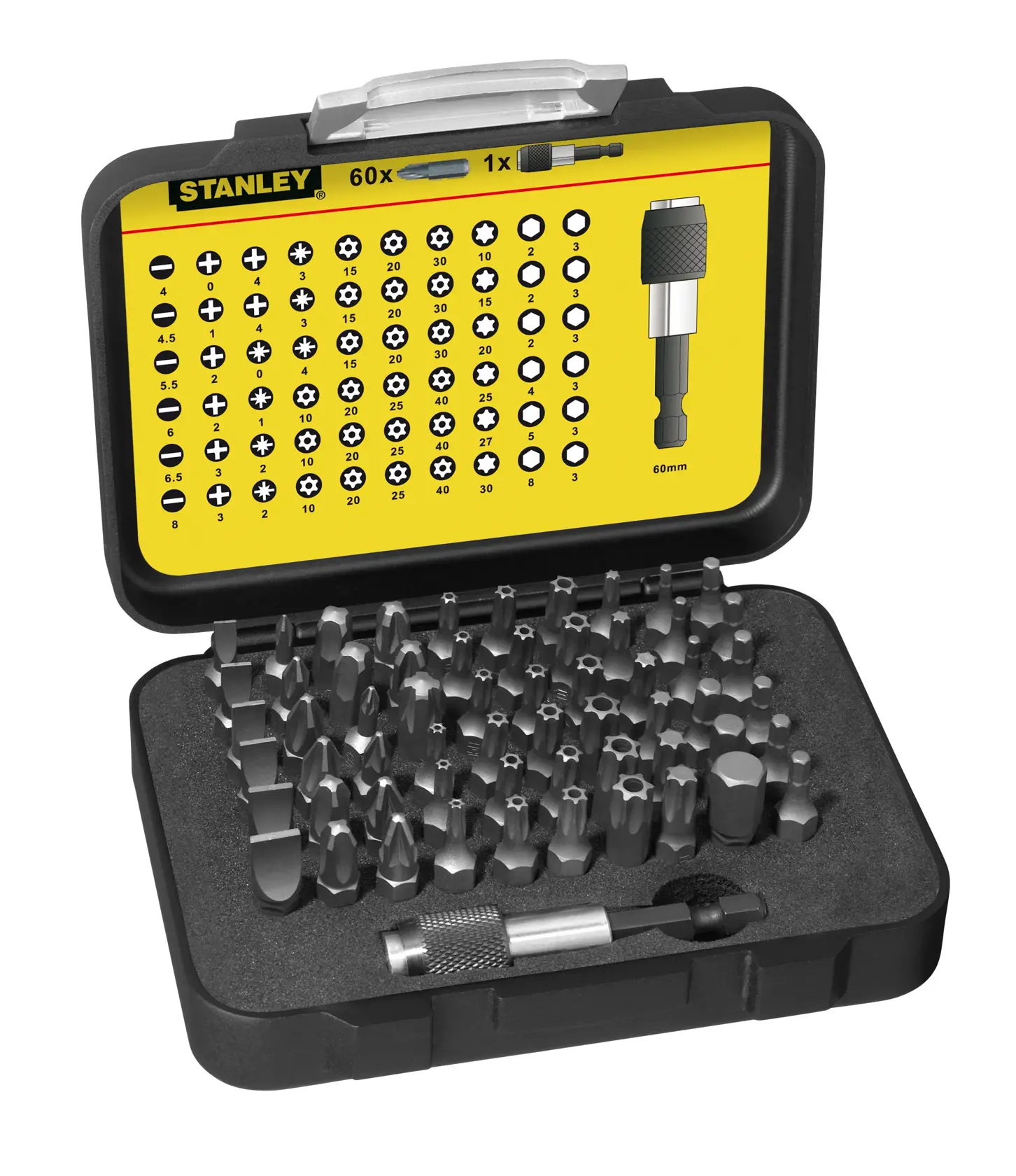 STANLEY 1-13-902 screwdriver bit set with case, 60 bits and magnetic holder, product photography, front angle.