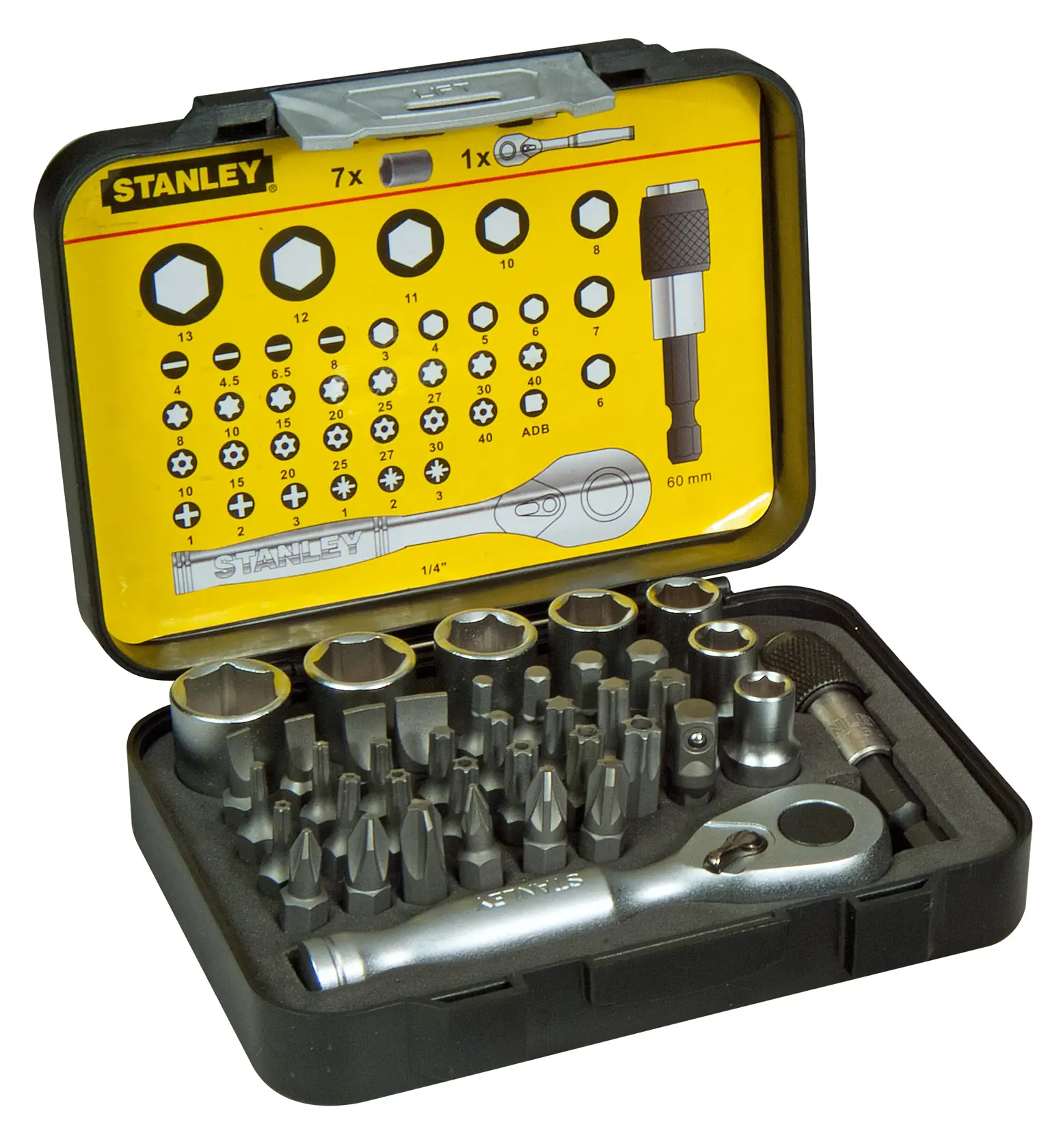 STANLEY 1-13-906 socket and bit set in black plastic case, includes ratchet, various bits and sockets, photo front angle.