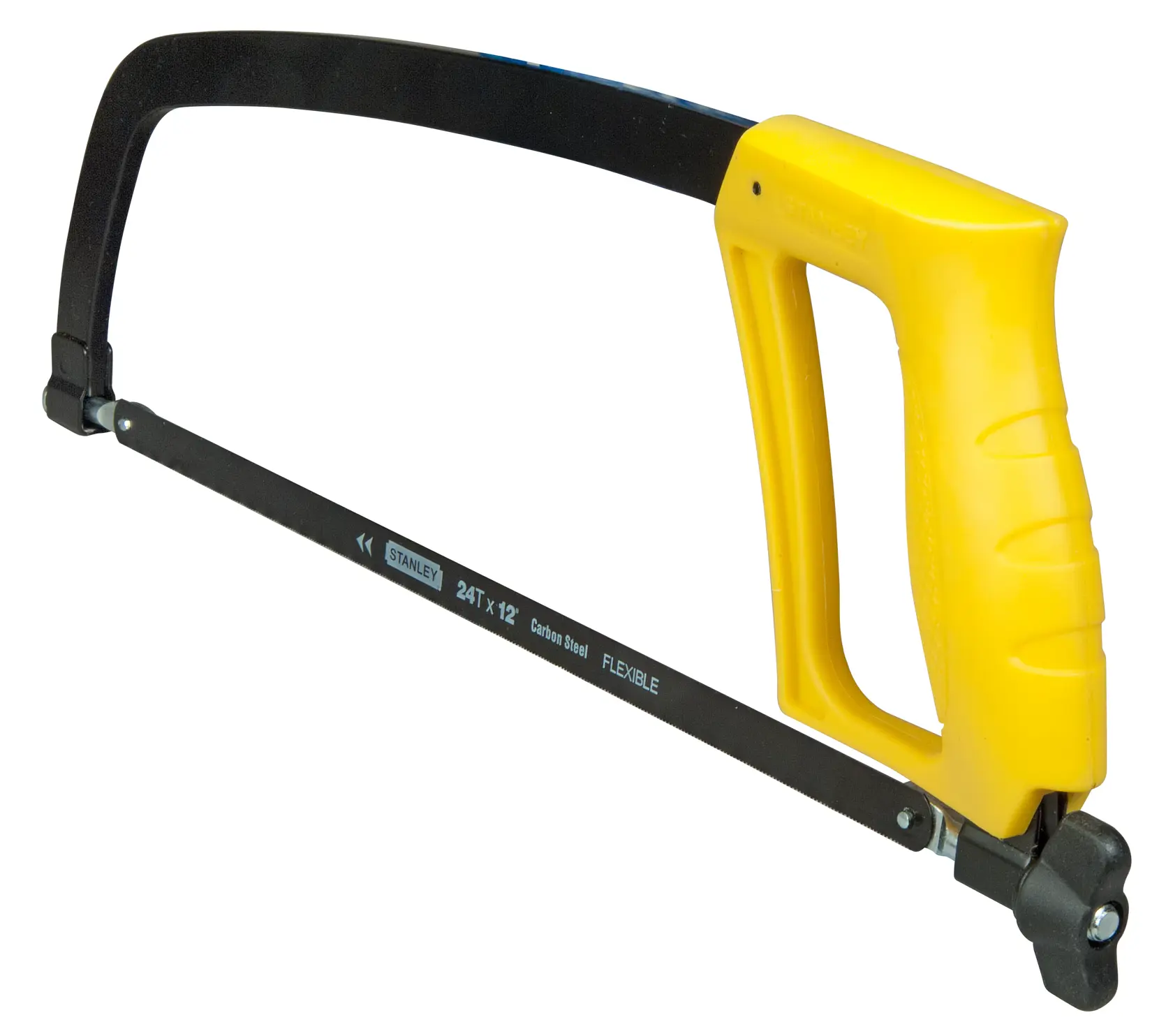 Stanley hacksaw with yellow handle and black blade, suitable for cutting metal or plastic materials.