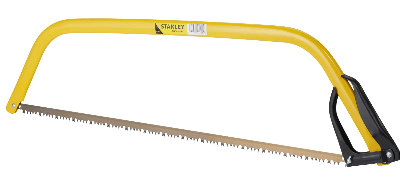 Stanley 1-15-403 yellow bow saw with serrated blade, side angle on white background.