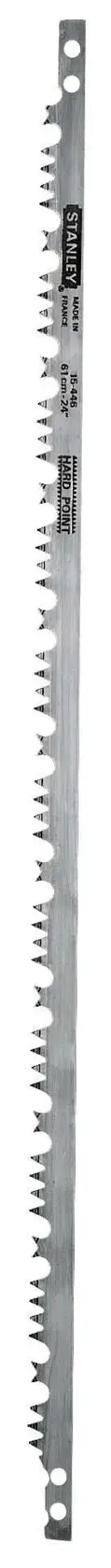 Stanley steel saw blade with sharp teeth, elongated shape and holes at both ends, suitable for woodworking tasks.
