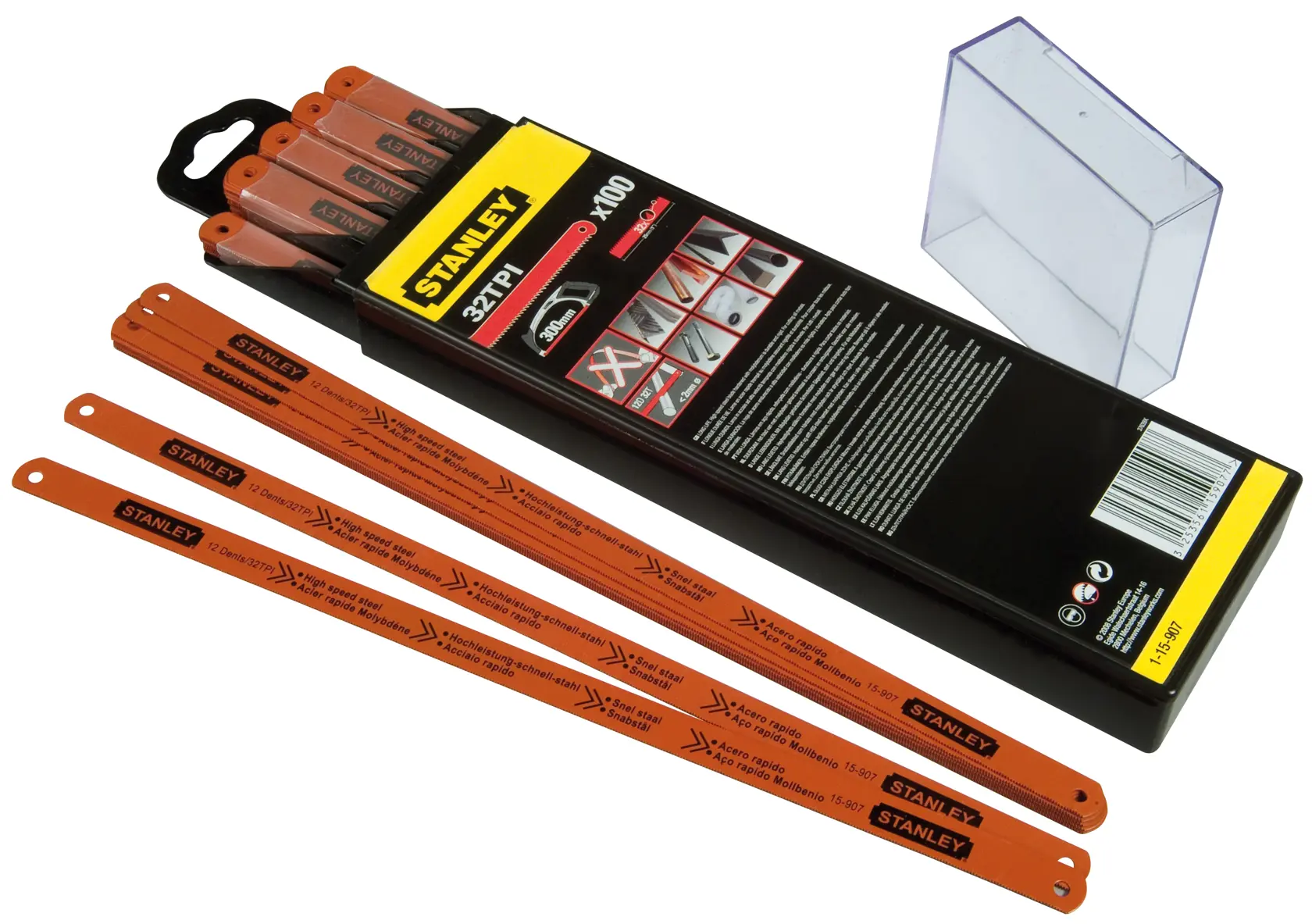 Stanley 1-15-907 pack of orange metal saw blades with packaging and a clear plastic case.