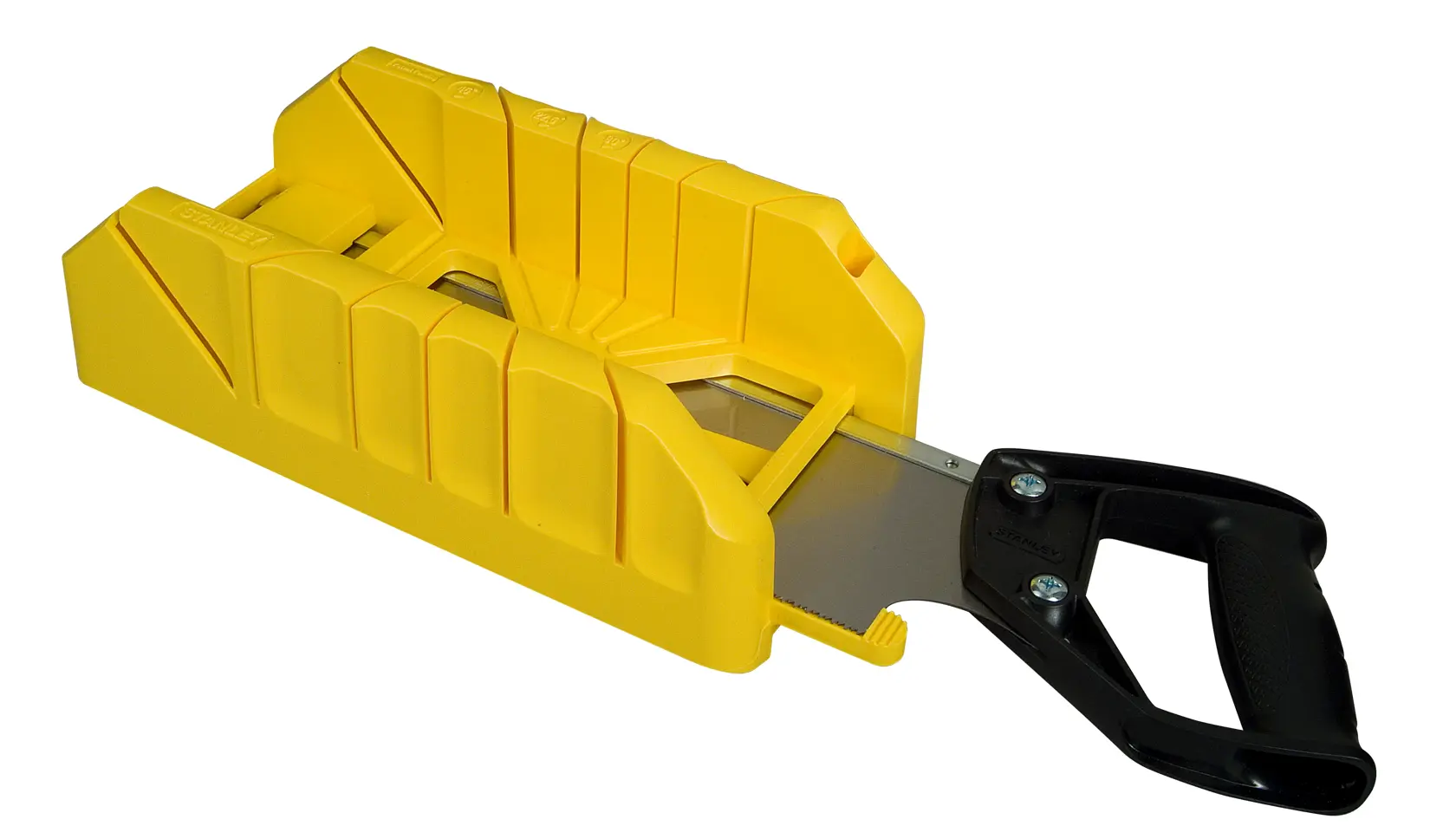 Yellow miter box set with saw and black handle for precise angled wood cuts.