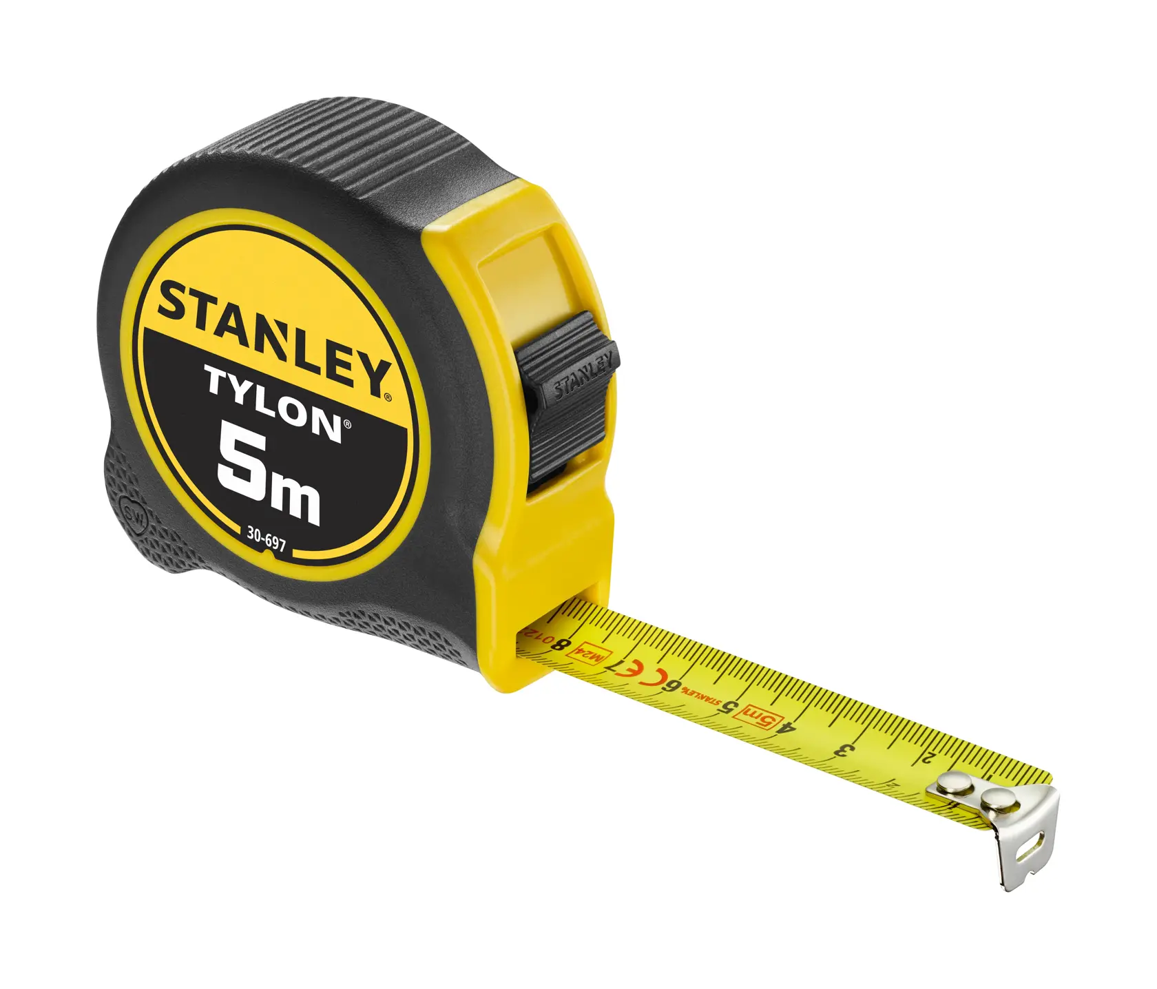 STANLEY 1-30-697 Maßband, 5 m Länge, schwarz-gelbes Gehäuse, ausgezogene gelbe Klinge, Produktansicht auf weißem Hintergrund.