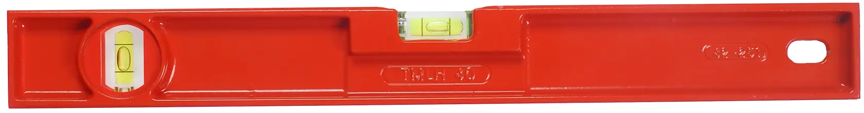 Red spirit level tool with two bubble vials for measuring horizontal and vertical alignment.