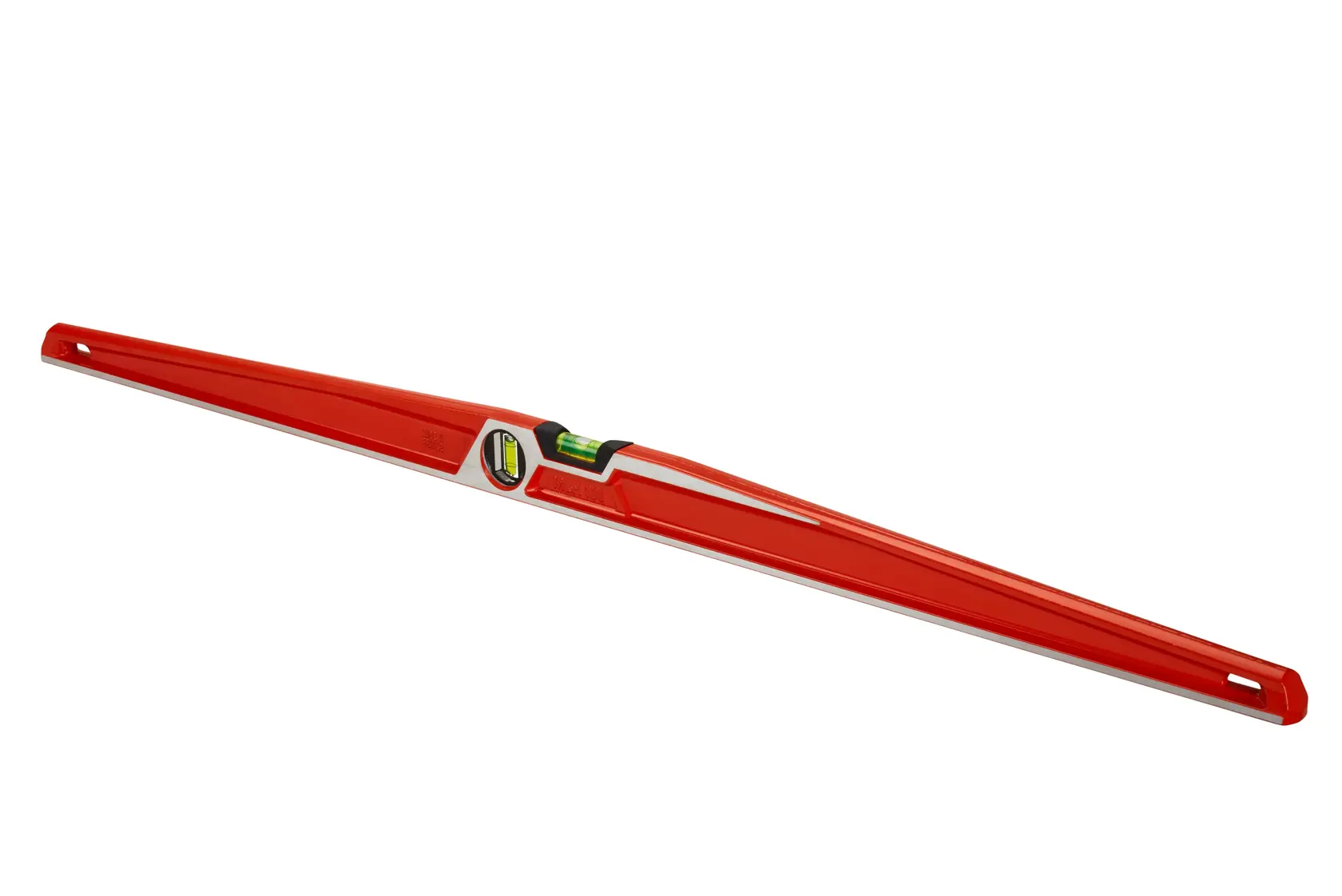 Red spirit level with built-in vial and ergonomic design for accurate leveling tasks.