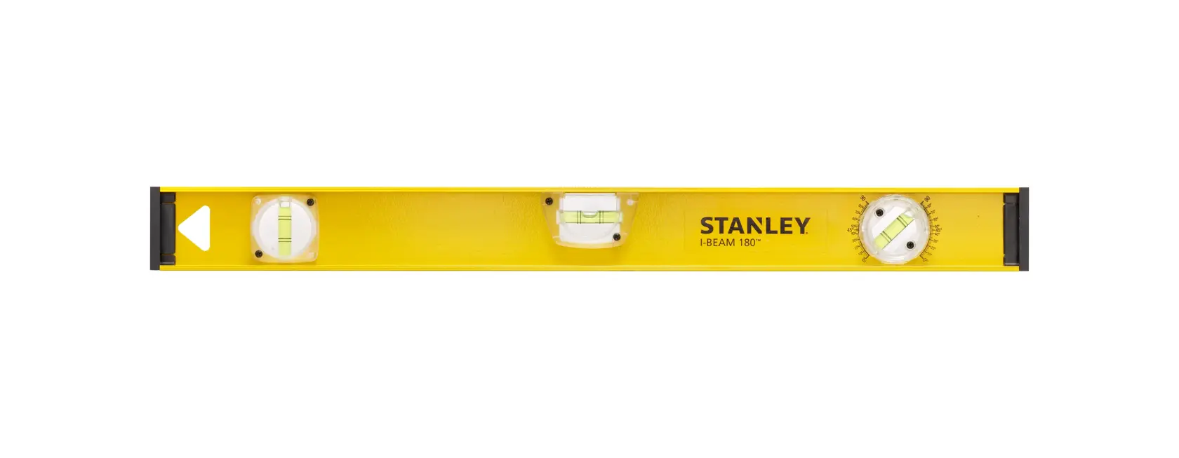 Yellow Stanley spirit level with three bubble vials for accurate measurement.