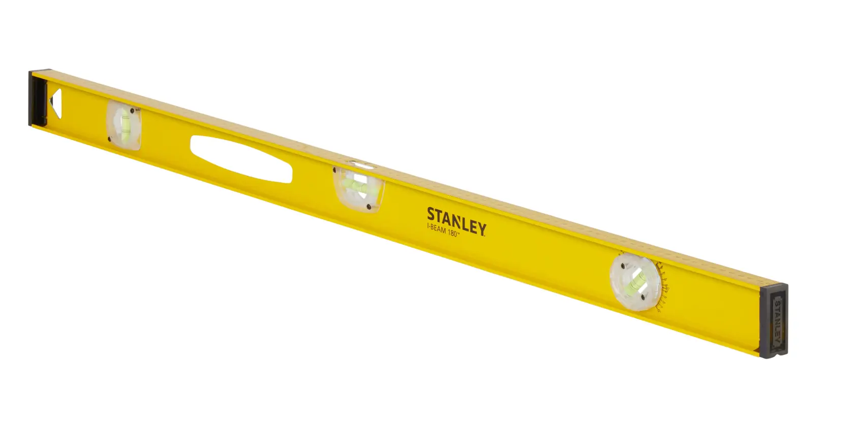 STANLEY 1-42-922 yellow spirit level with three vials, side angle on white background.